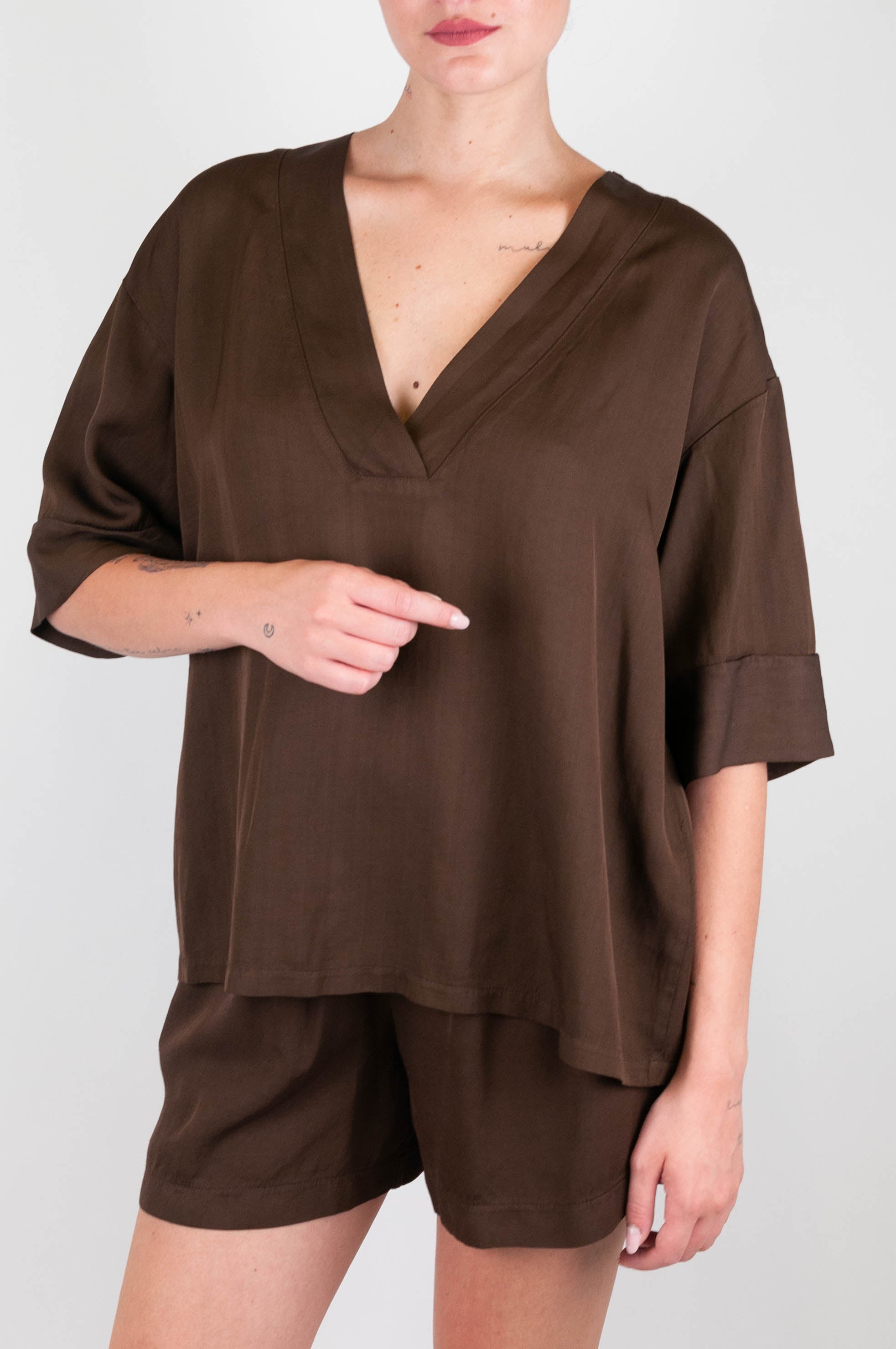 Haveone - Blusa scollo a V in misto lino