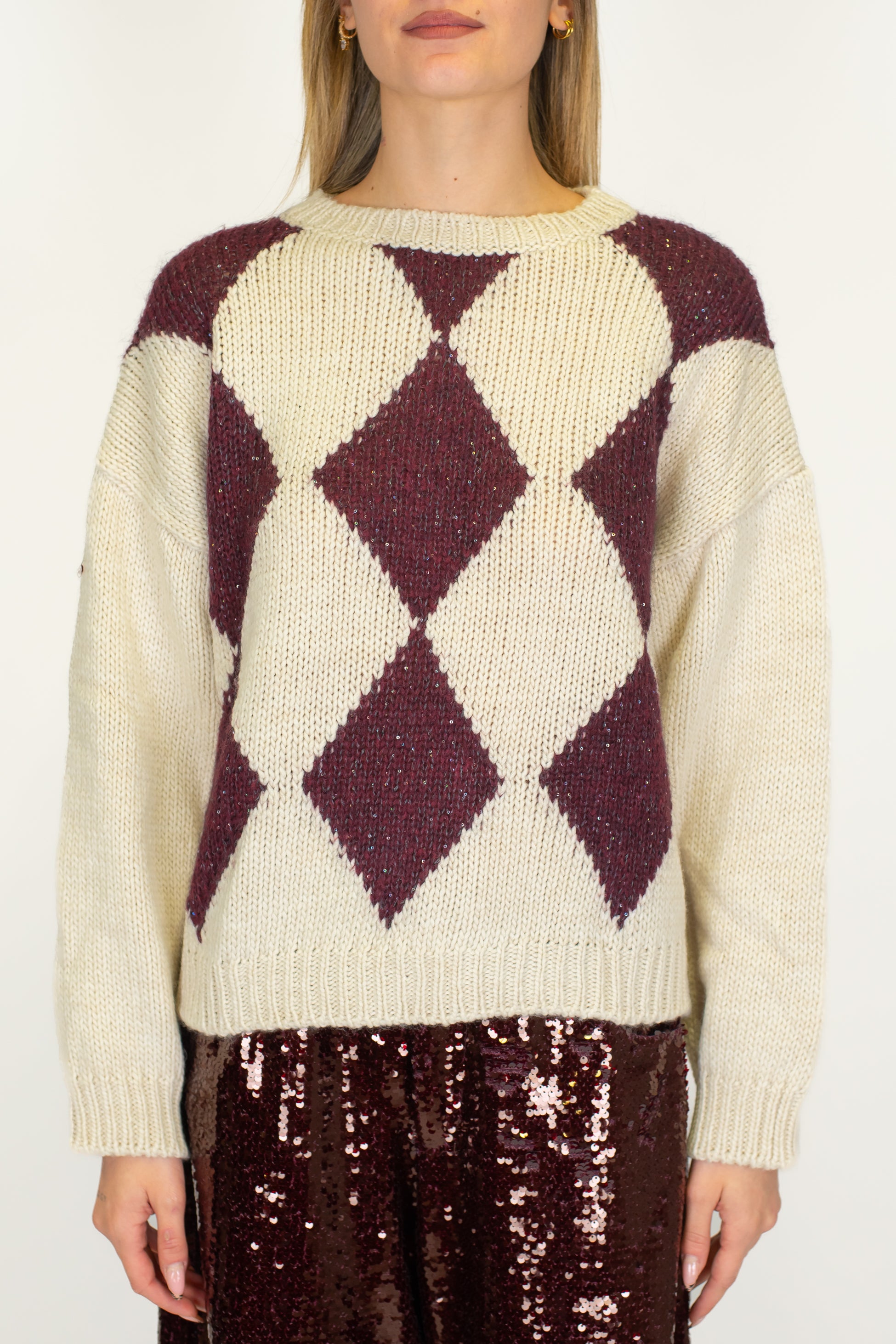 Motel - Maglia over fantasia rombi a contrasto in misto lana con paillettes