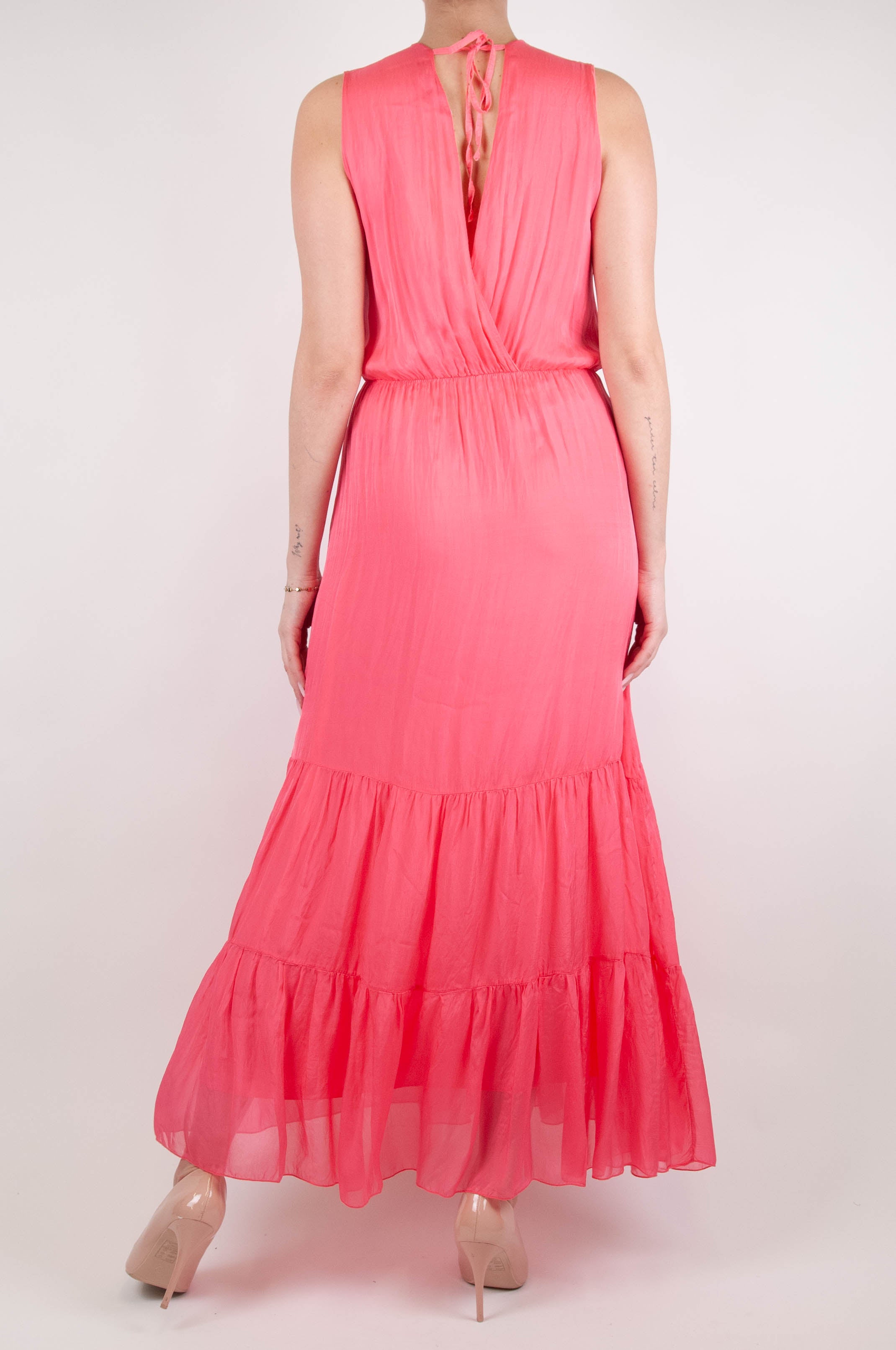 Haveone - Long sleeveless dress in silk blend with V-neck and flounces