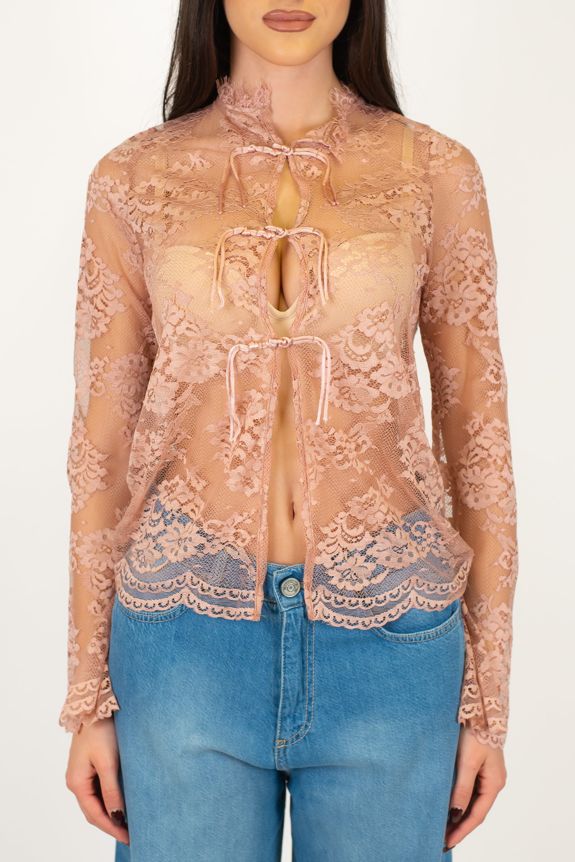 Haveone - Camicia in pizzo ricamato collo coreano e chiusura con alamari