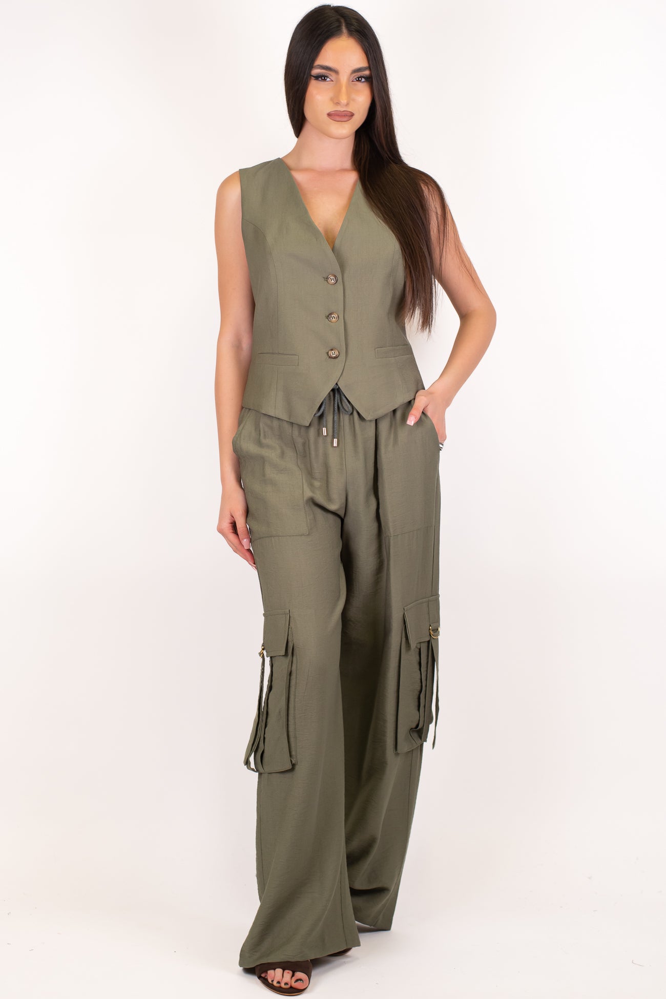 Dixie - Coodinato in viscosa leggera con gilet e pantalone cargo palazzo con coulisse