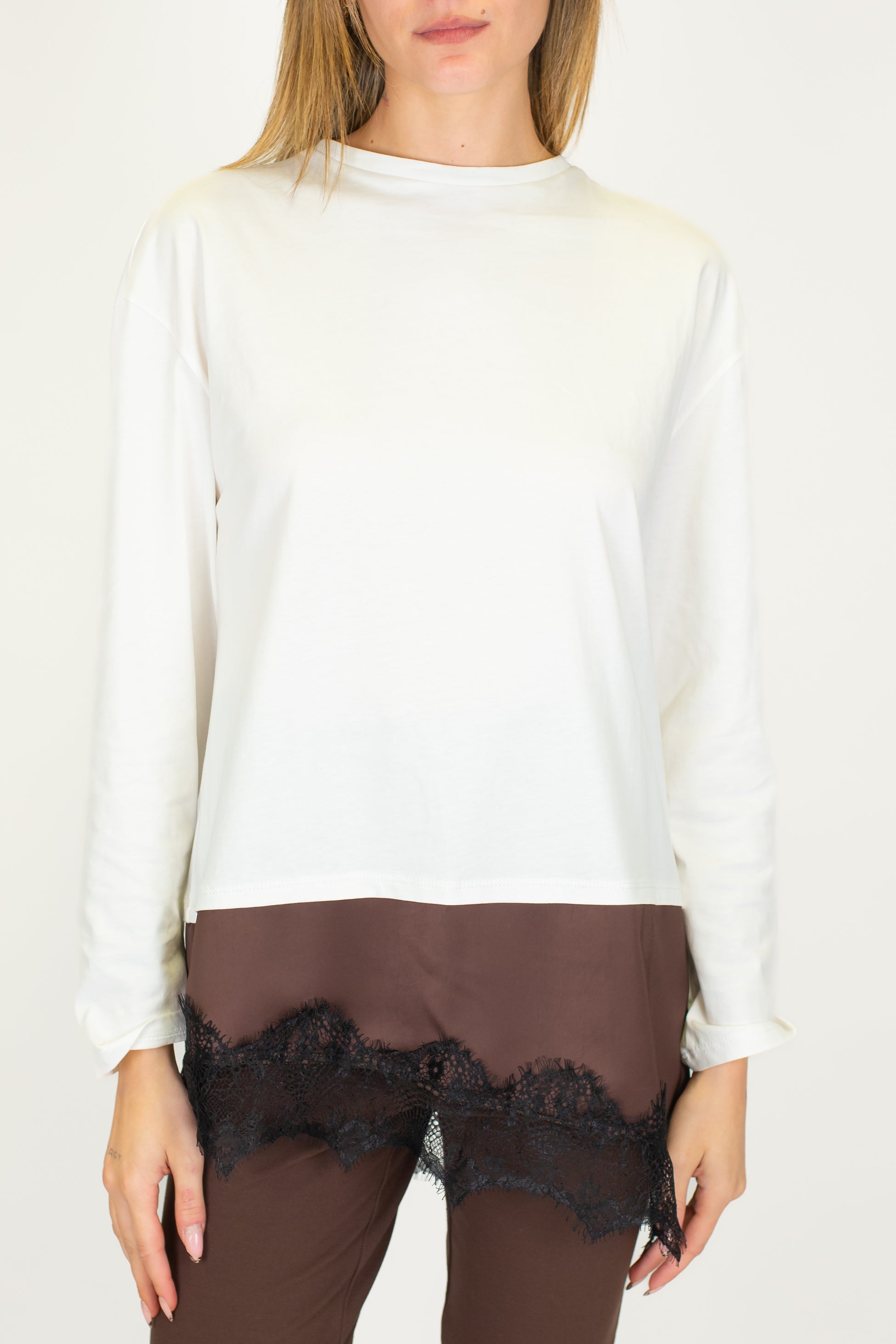 Tensione in - Shirt manica lunga con fondo in raso e pizzo