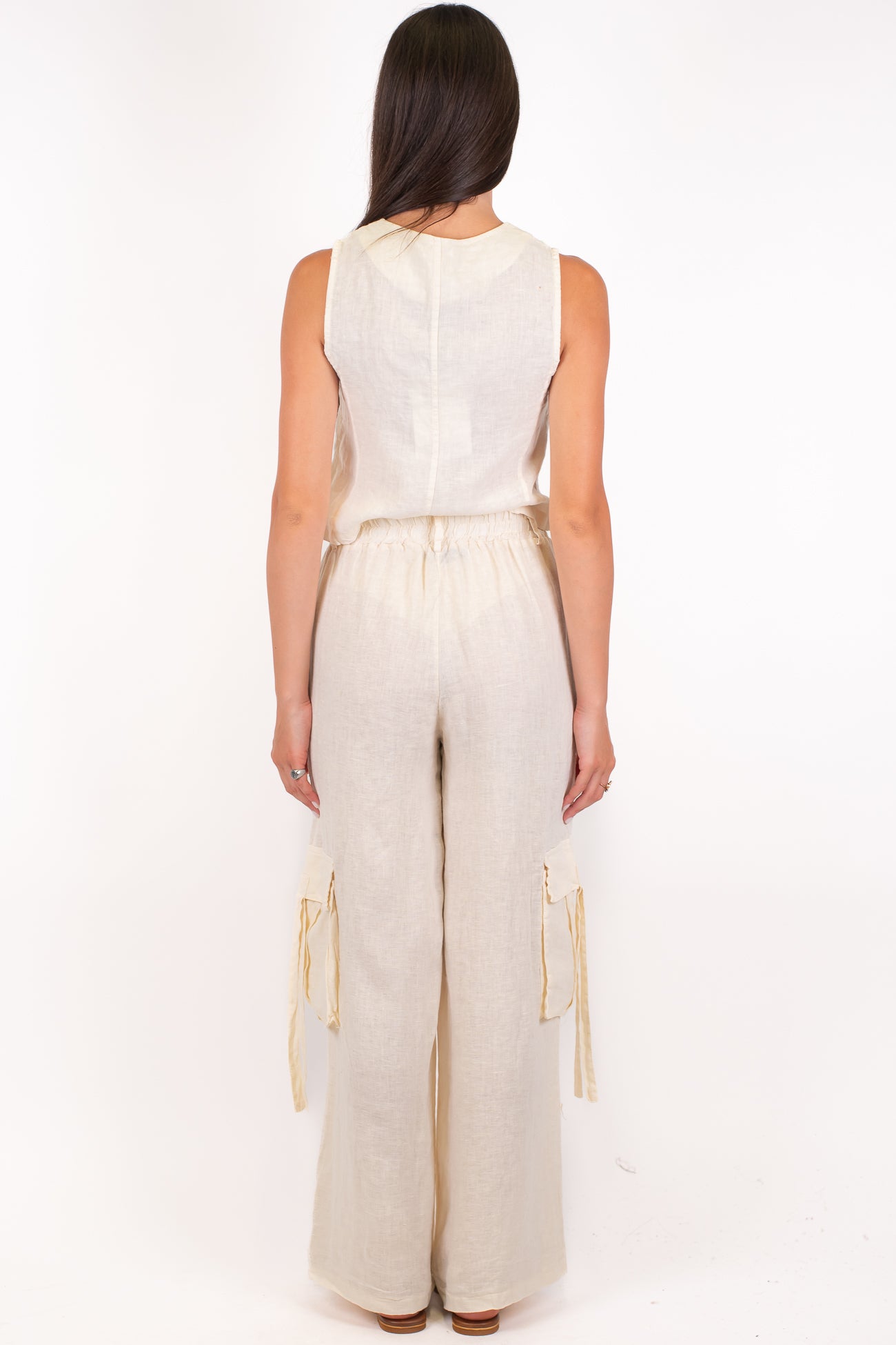 Haveone - Coordinato in puro lino con gilet e pantalone cargo palazzo con elastico in vita