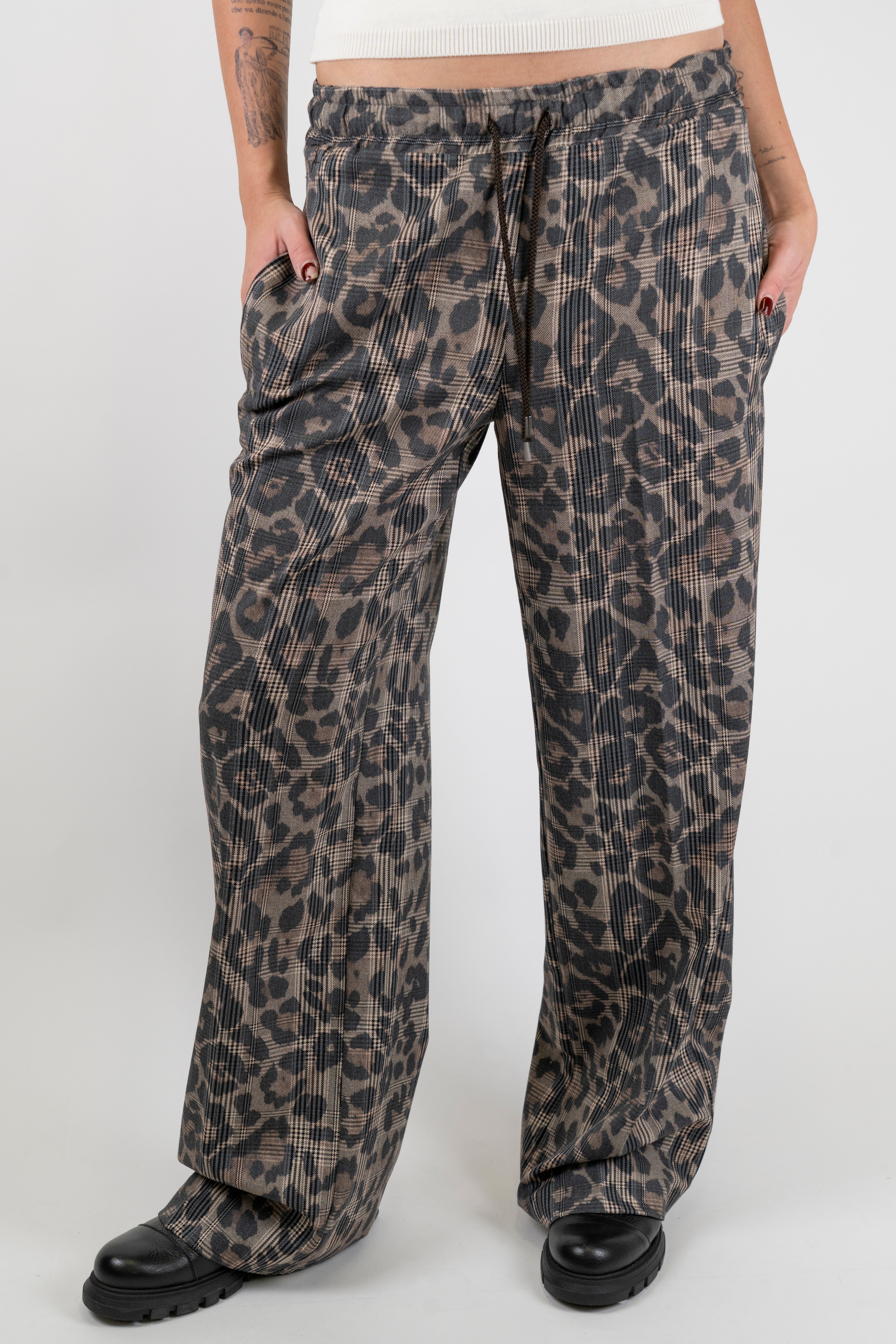 Haveone - Pantalone palazzo fantasia animalier con coulisse ed elastico in vita