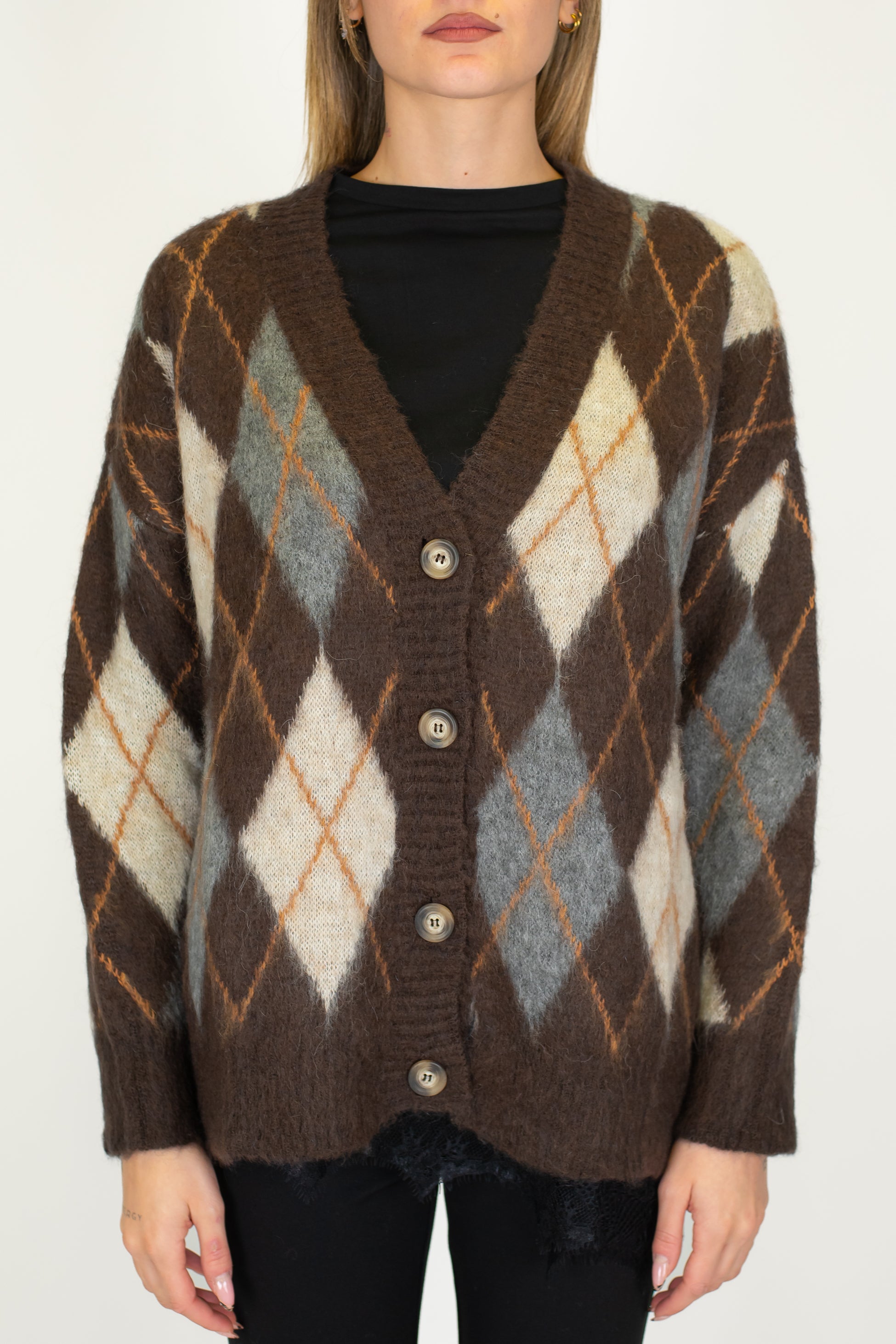 Tensione in - Cardigan over fantasia rombi a contrasto in misto lana