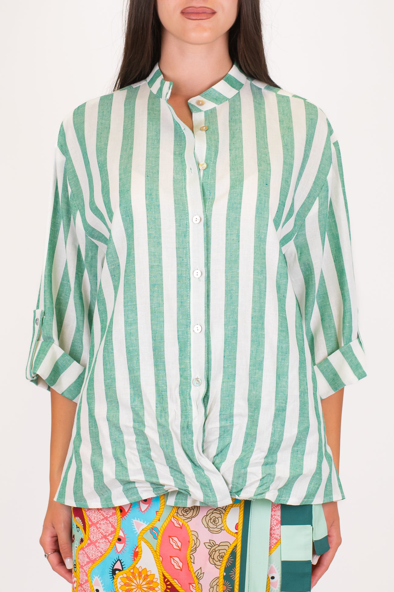 Maryley - Camicia in puro lino a righe collo alla coreana