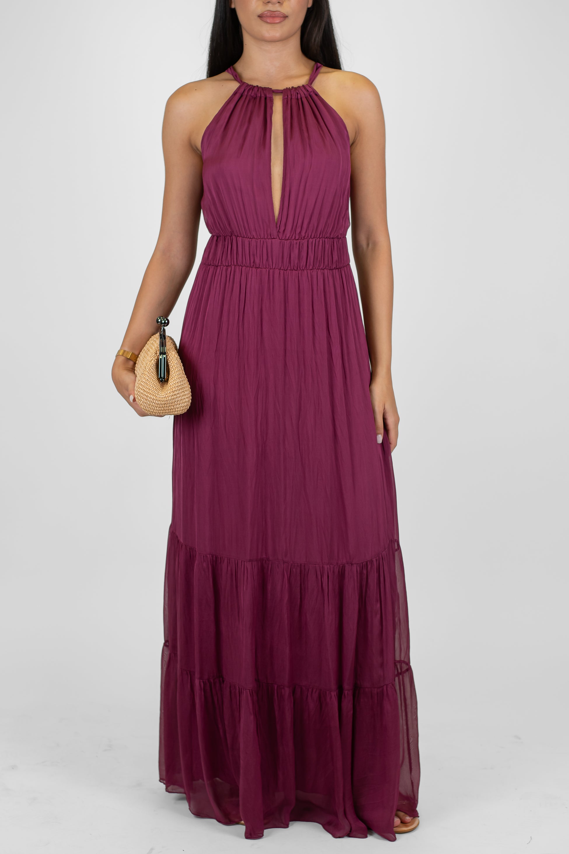 Dixie - Abito lungo in misto seta con scollo all'americana e allaccio sul retro