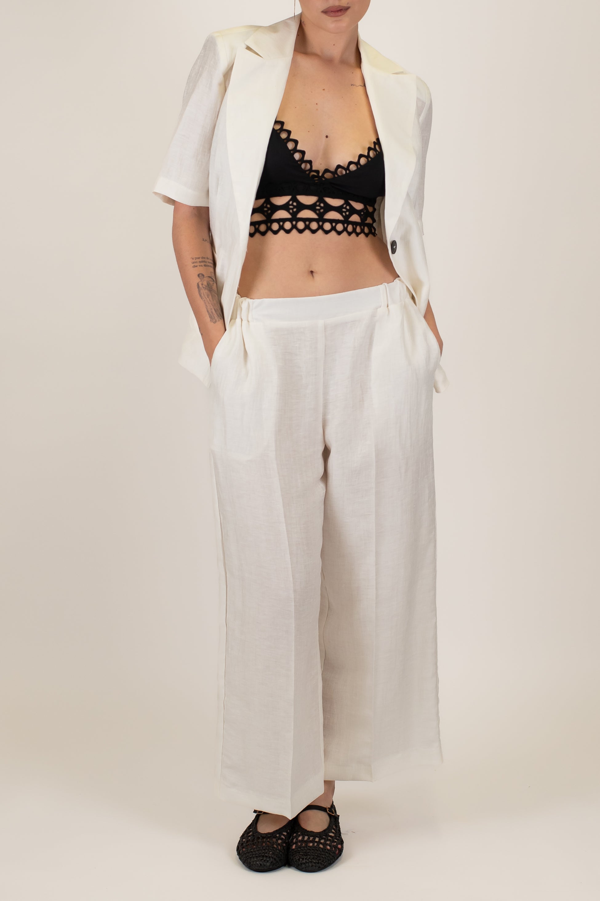 Maryley - Pantalone regular in lino con ricami ed elastico in vita