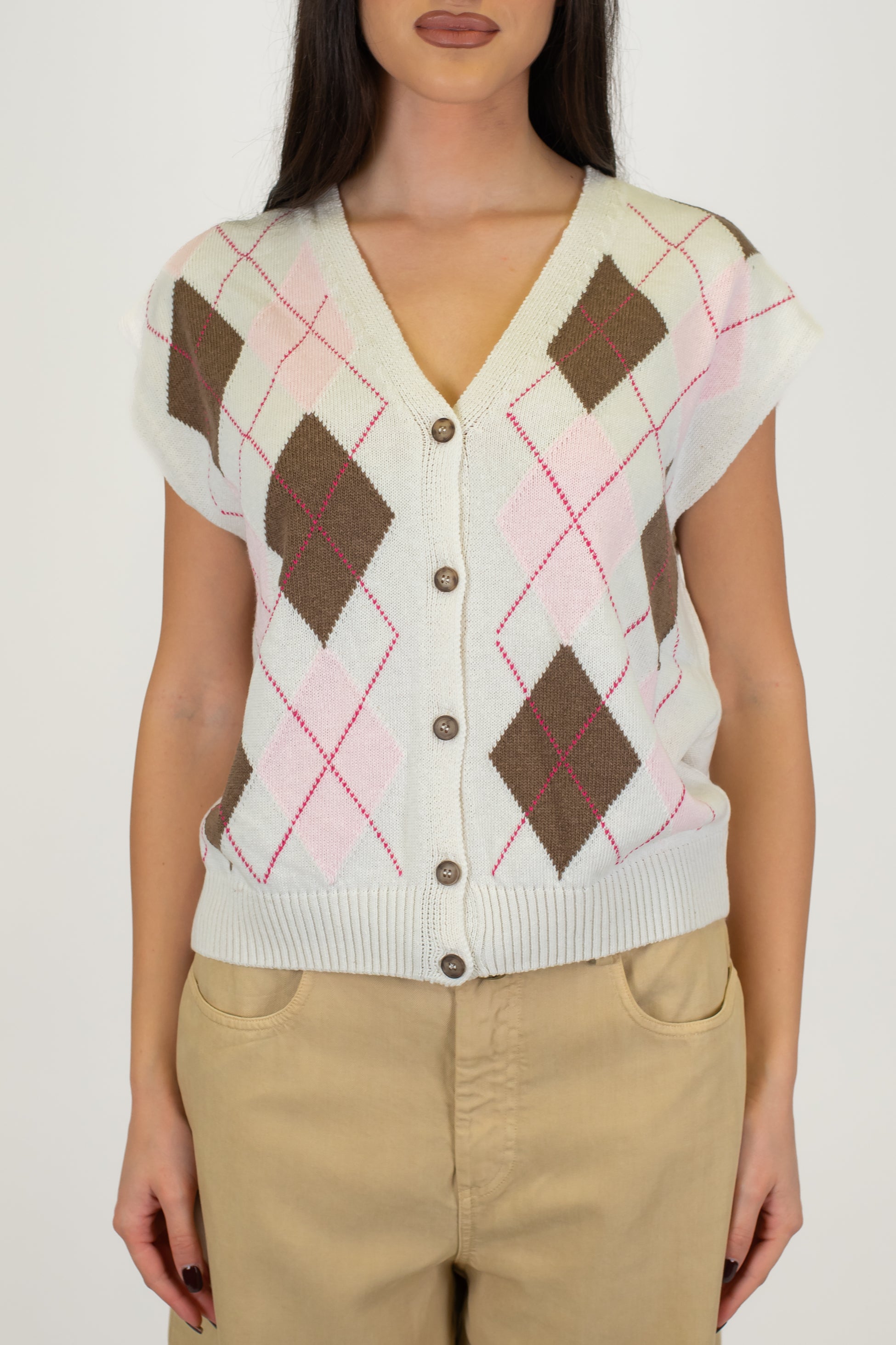 Tensione in - Gilet mezza manica in maglia fantasia rombi a contrasto