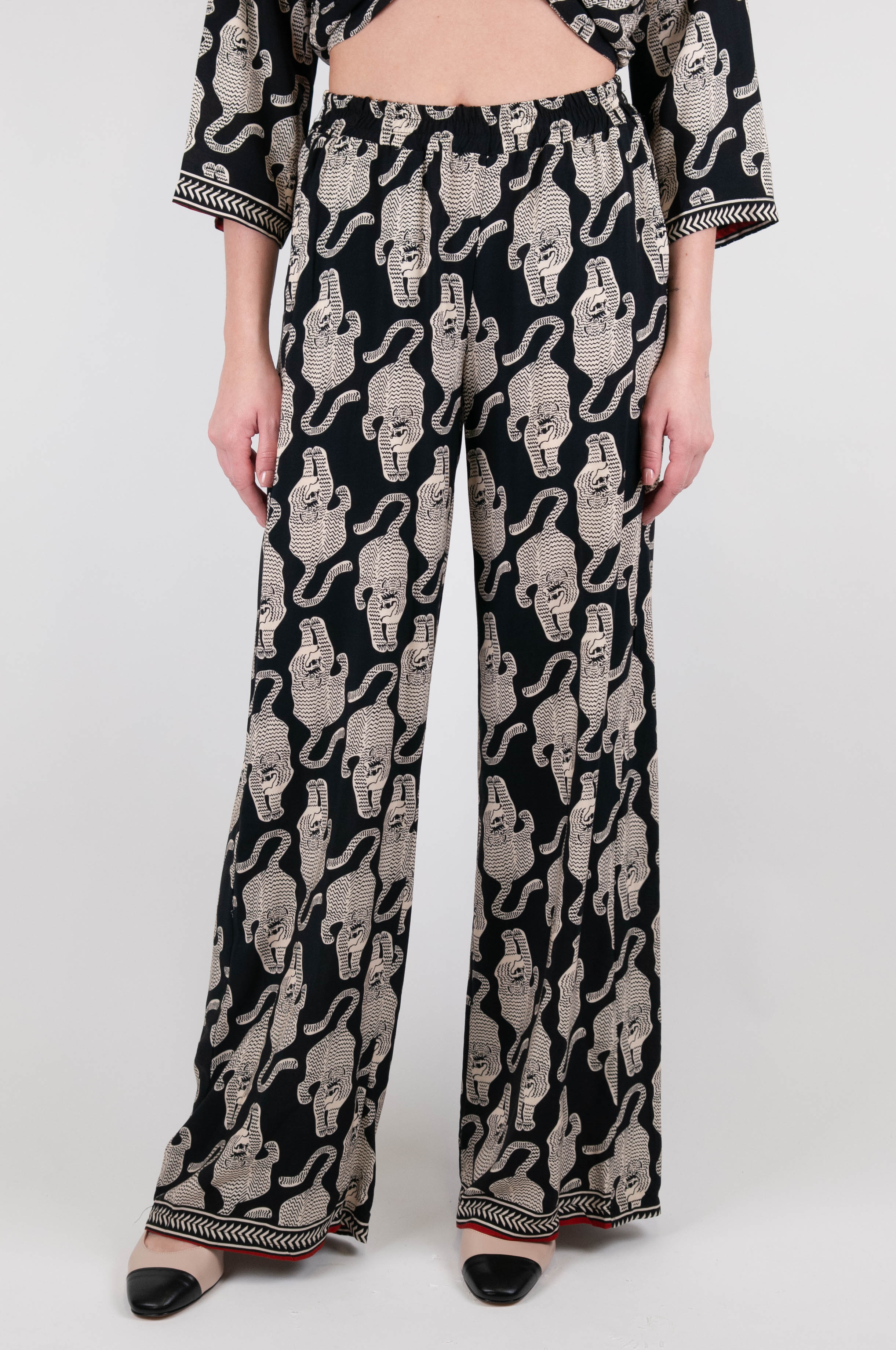 Haveone - Tiger patterned palazzo trousers in viscose with elasticated waist