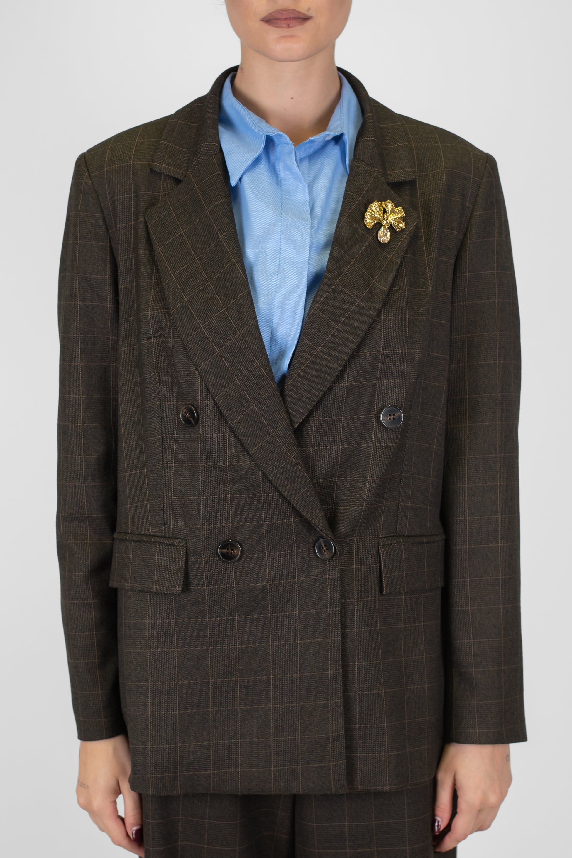 Motel - Giacca doppiopetto fantasia quadri con spalline e spilla