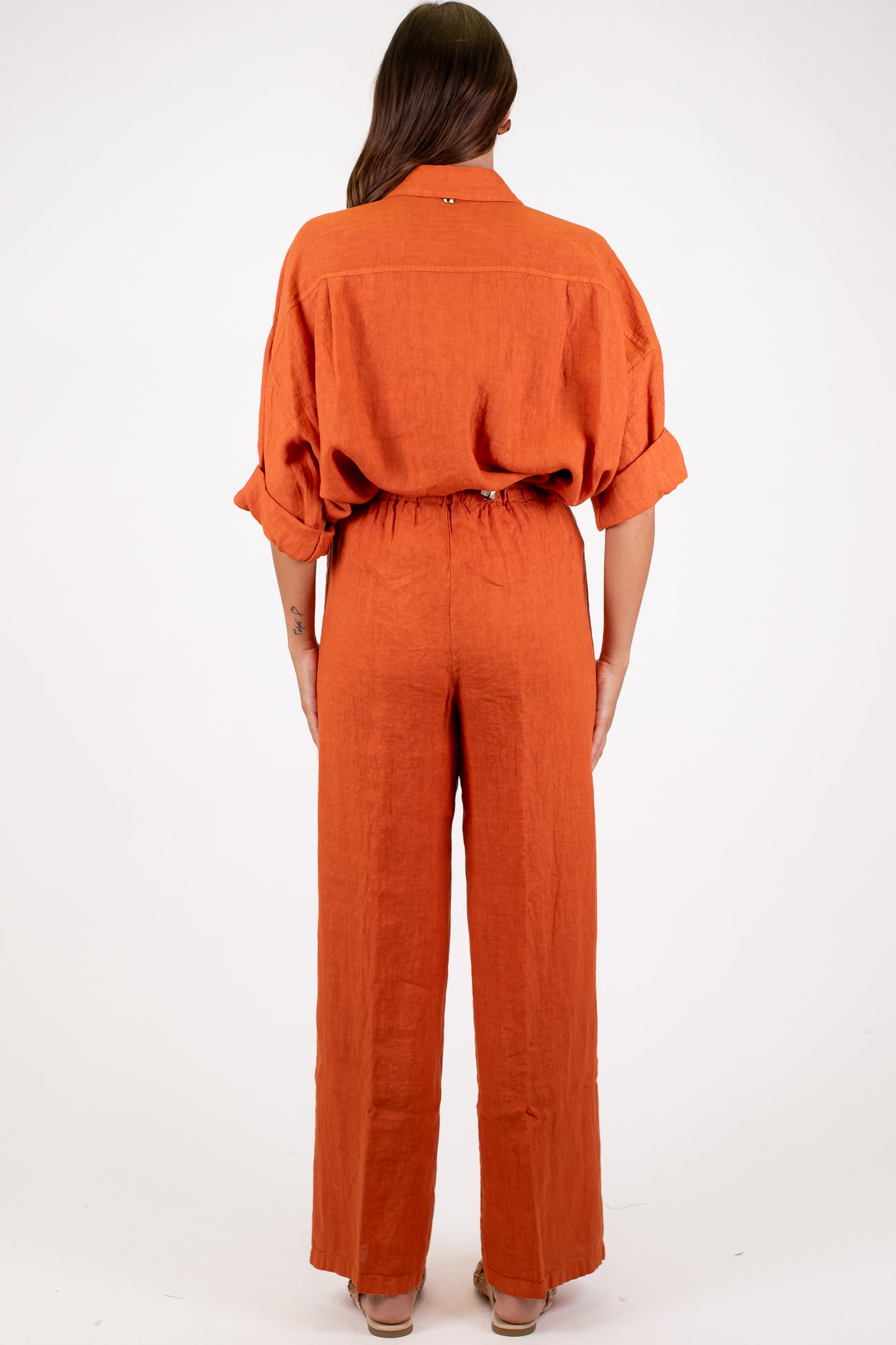 Dixie - Coordinato in puro lino camicia con taschino e pantalone palazzo con coulisse