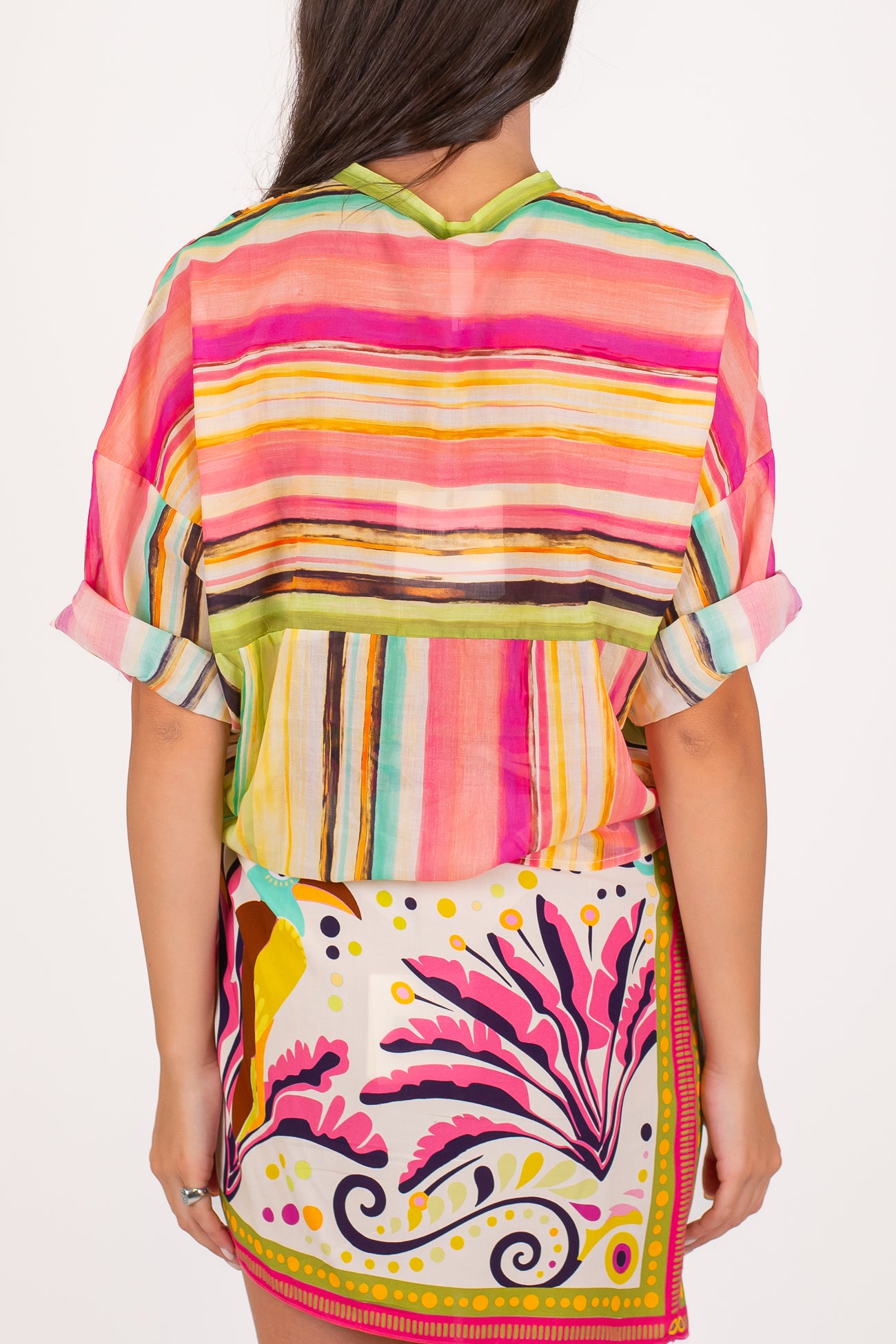 Tensione in - Camicia fantasia a righe fluo in mussola di cotone con collo coreano