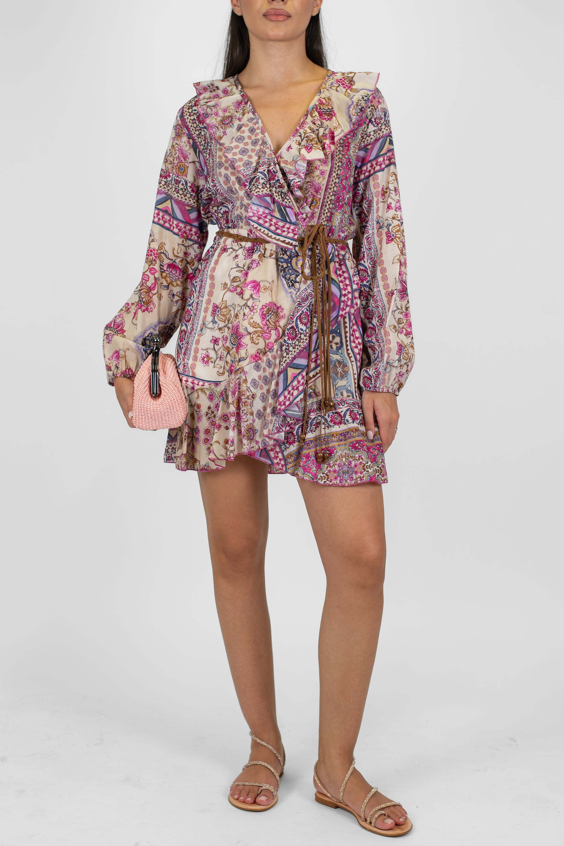 Dixie - Abito corto a portafoglio fantasia floreale in mussola di cotone