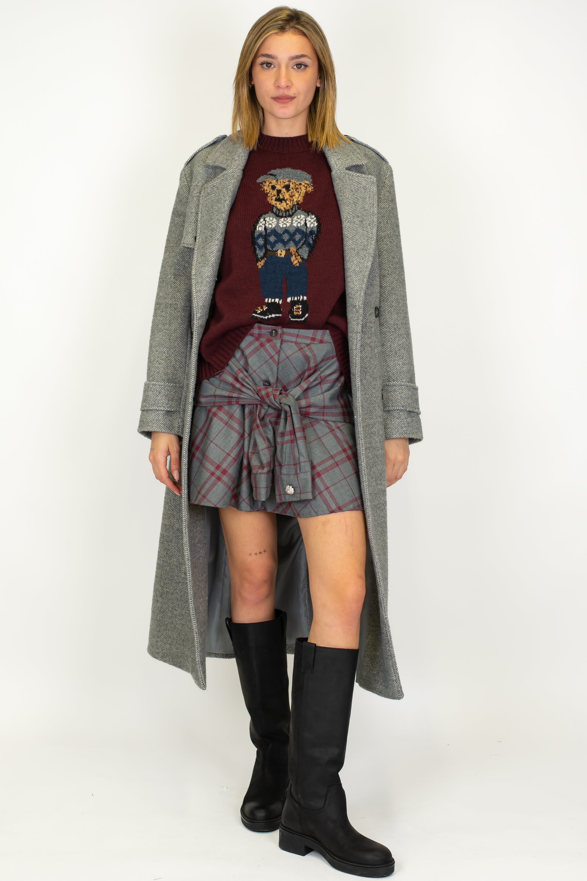 Motel - Minigonna fantasia quadri con nodo maniche sul fronte