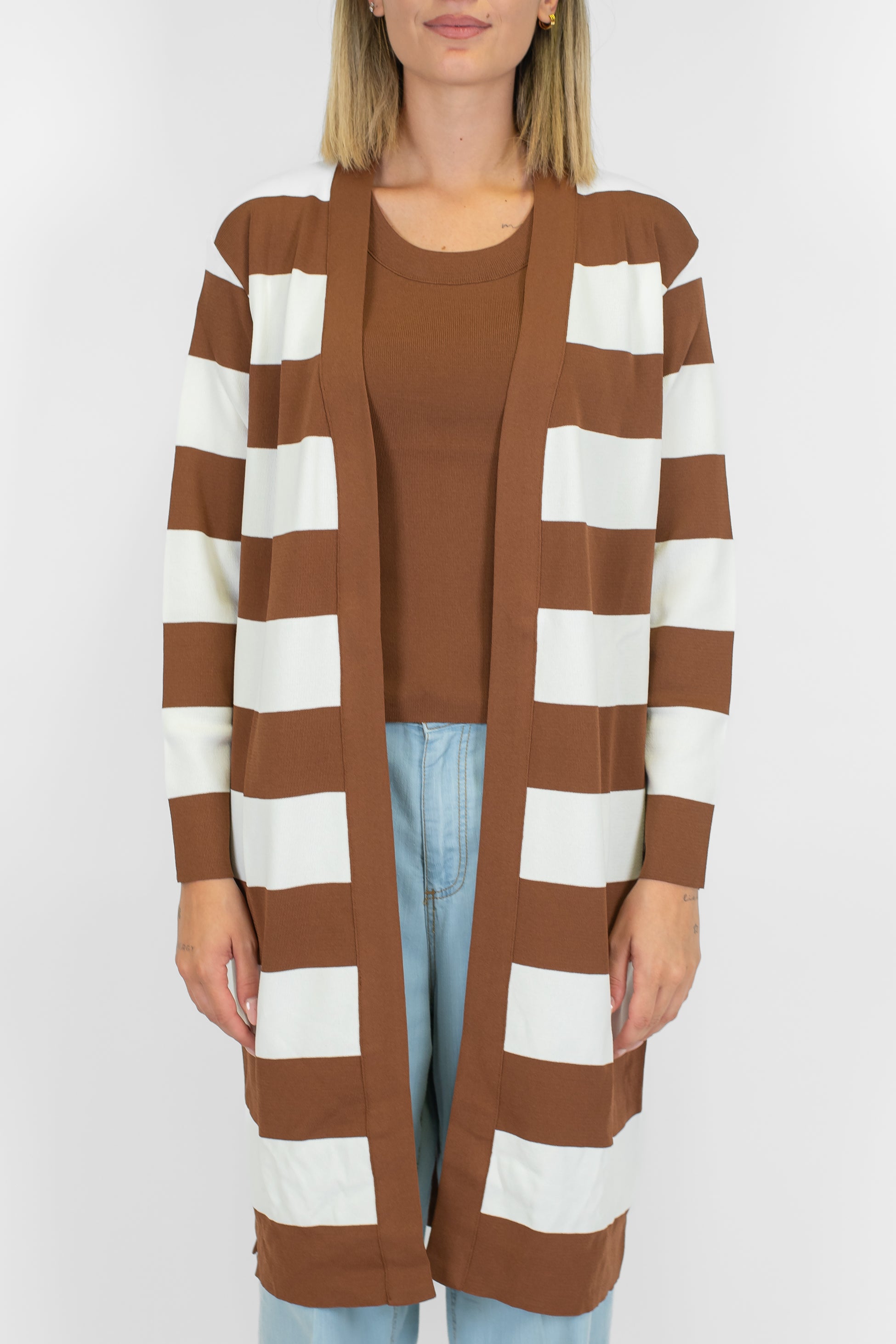 Tensione in - Cardigan fantasia a righe privo di bottoni