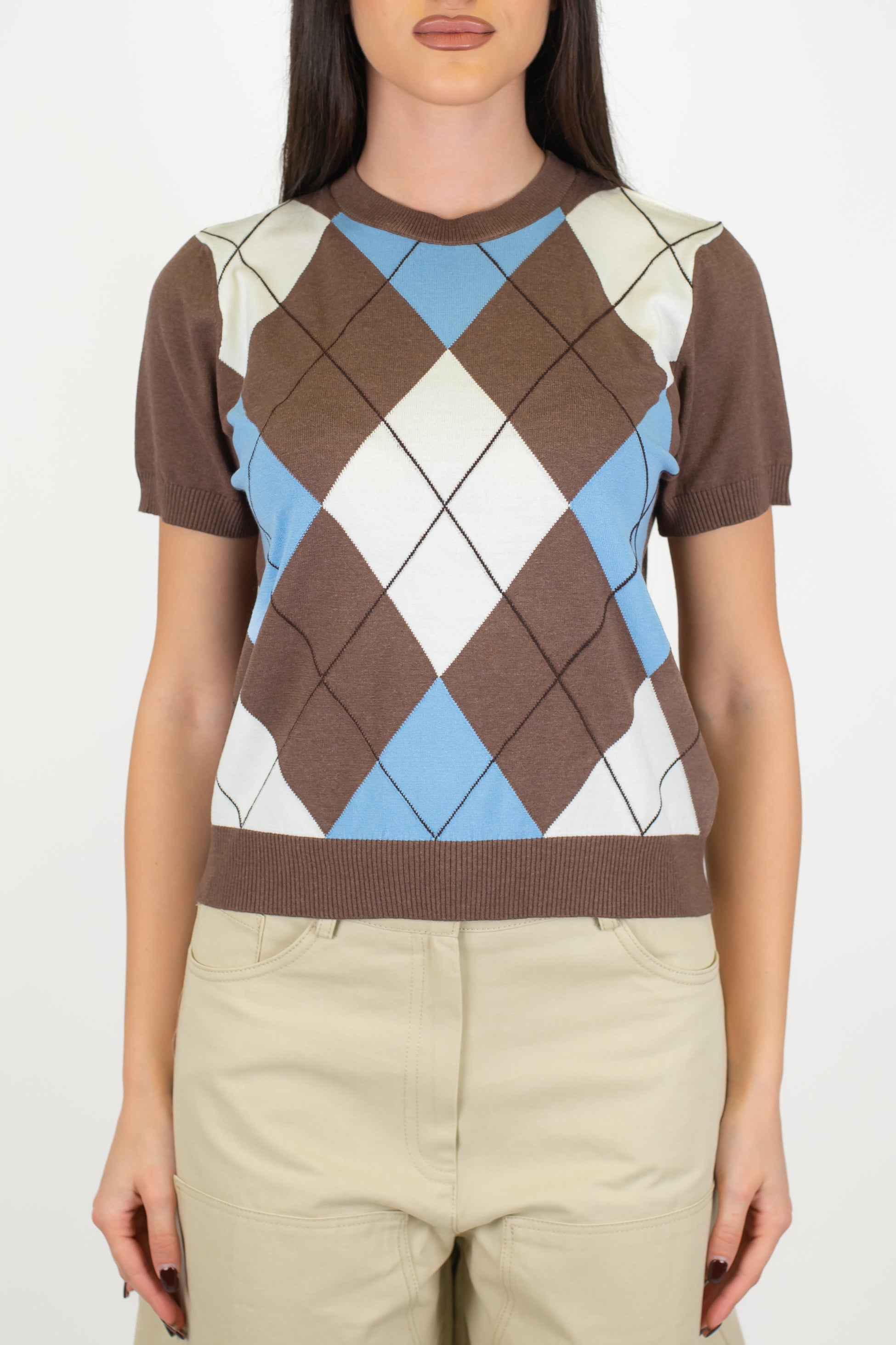 Motel - Maglia mezzamanioca crop fantasia rombi a contrasto in viscosa leggera