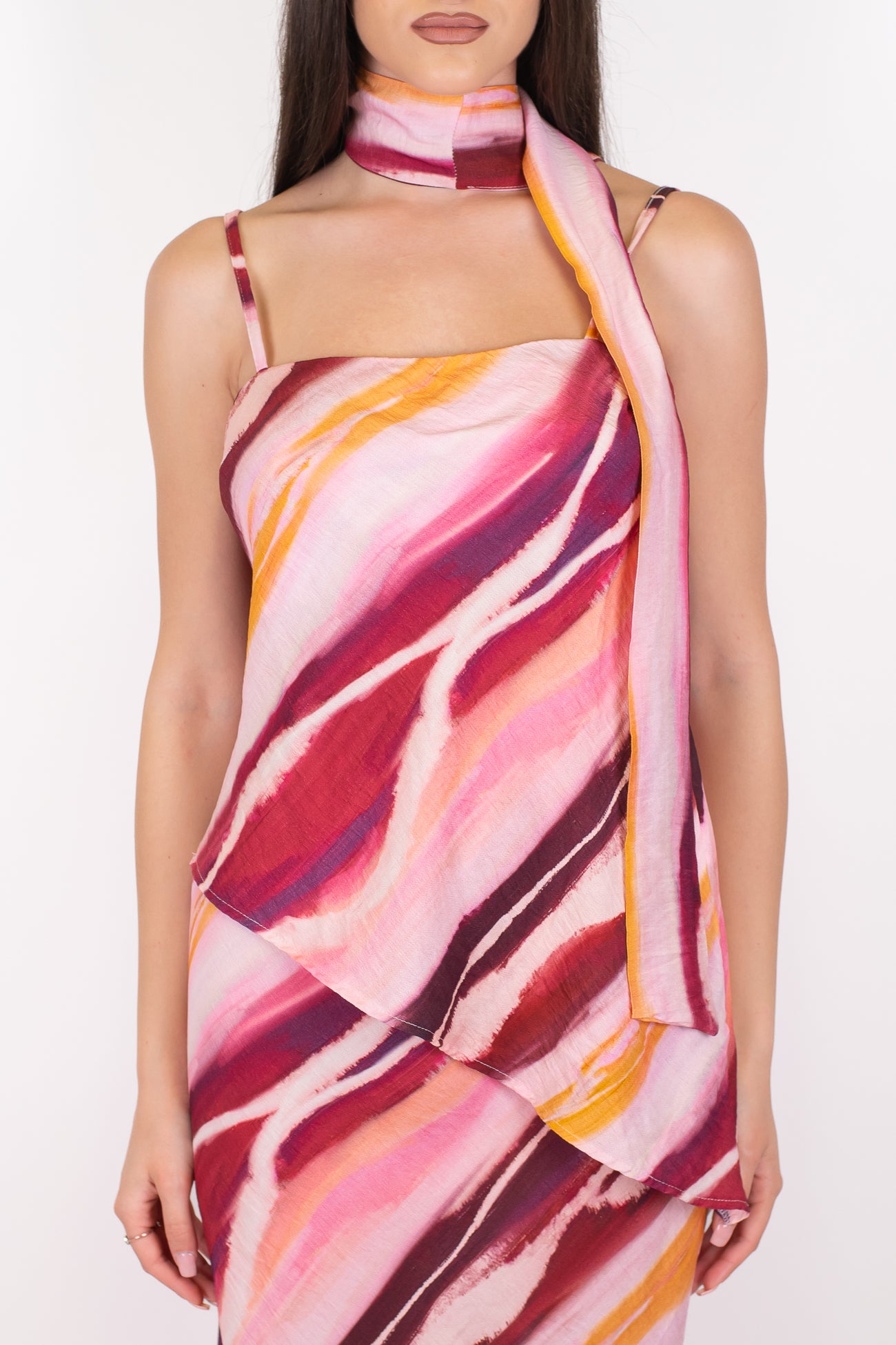 Haveone - Top asimmetrico fantasia astratta in viscosa leggera con foulard