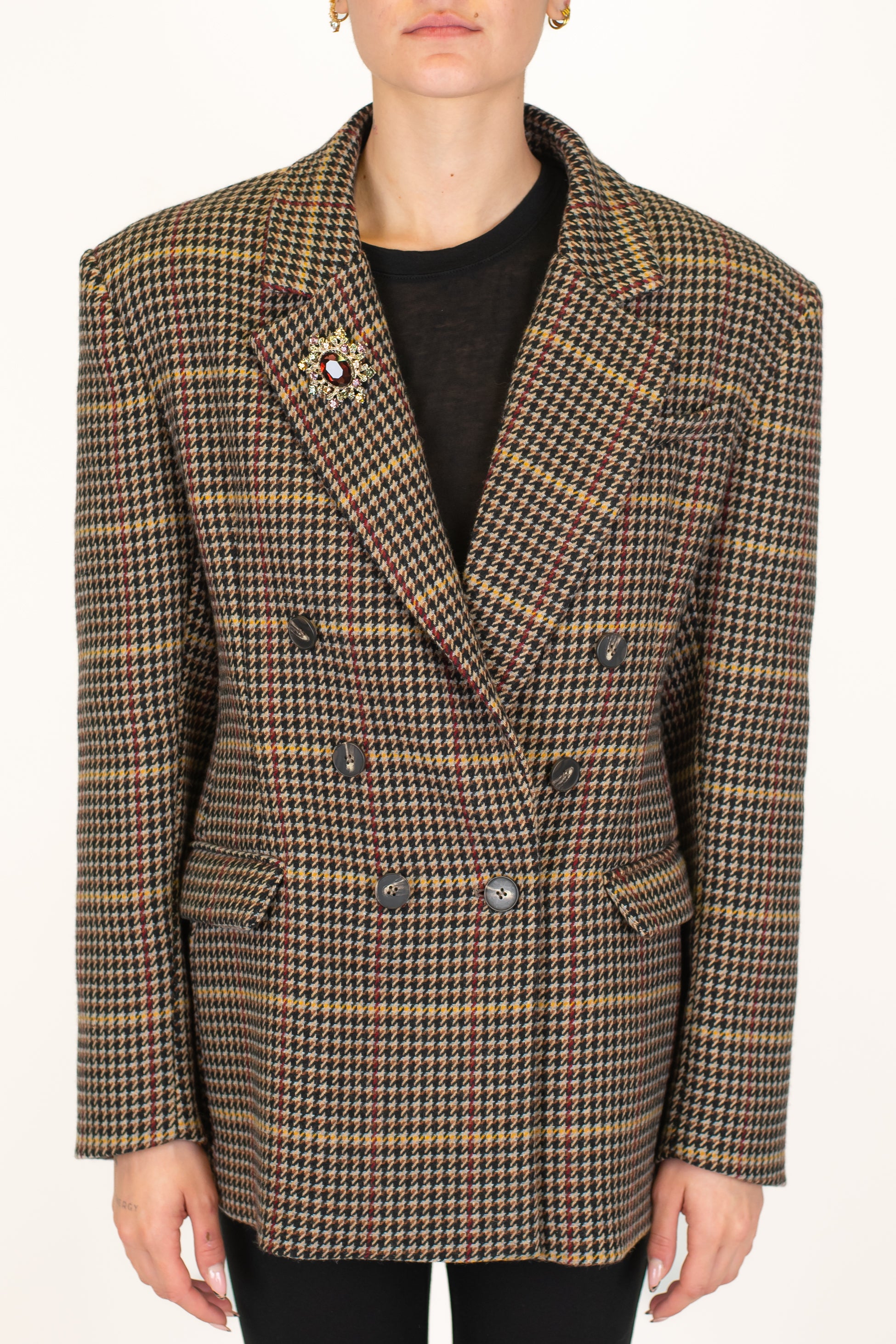 Tensione in - Giacca doppiopetto fantasia quadri/pied de poule in misto lana con spalline
