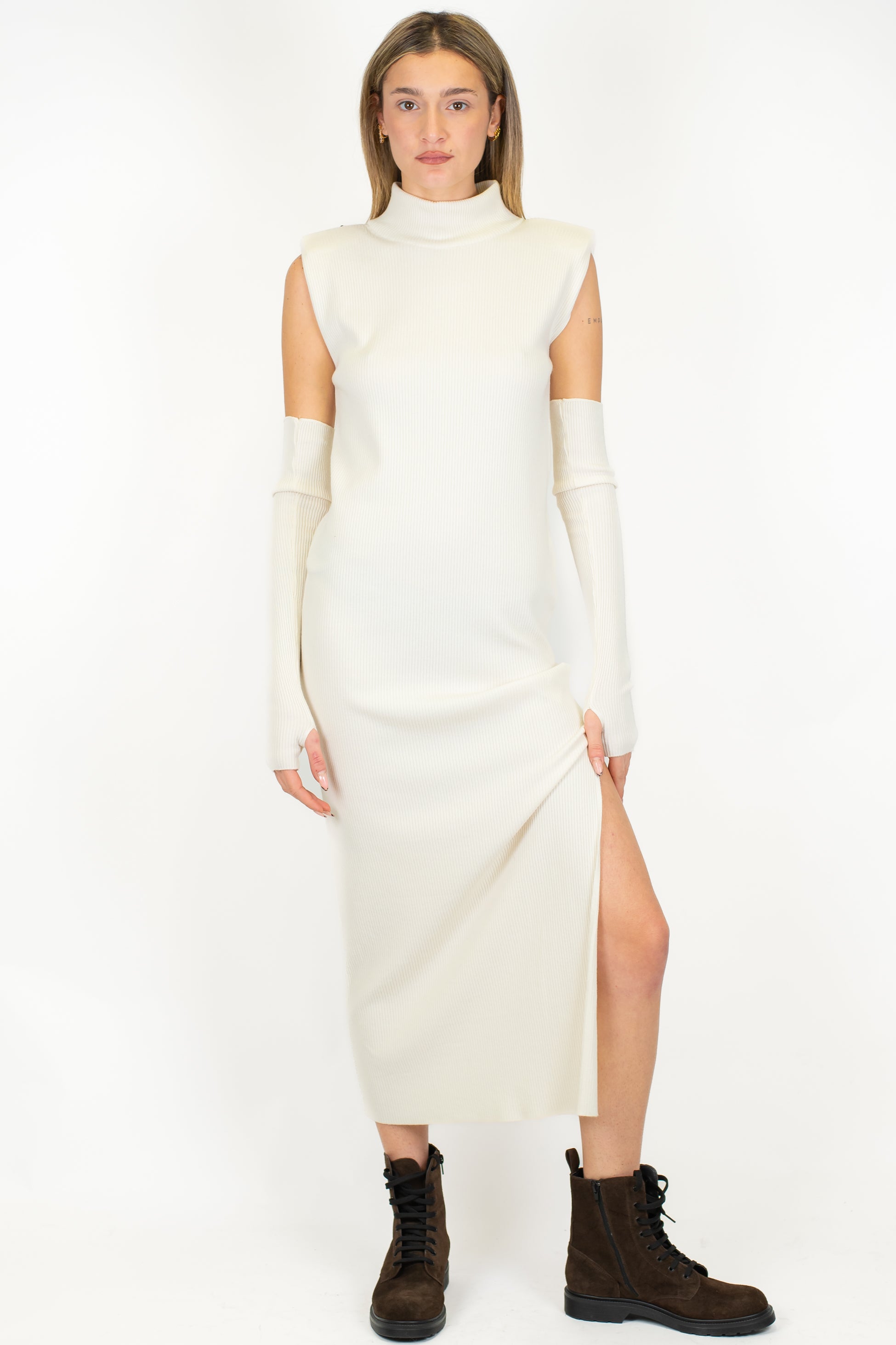 Dixie - Abito lungo giromanica in maglia a coste con spalline, manicotti e spacco laterale