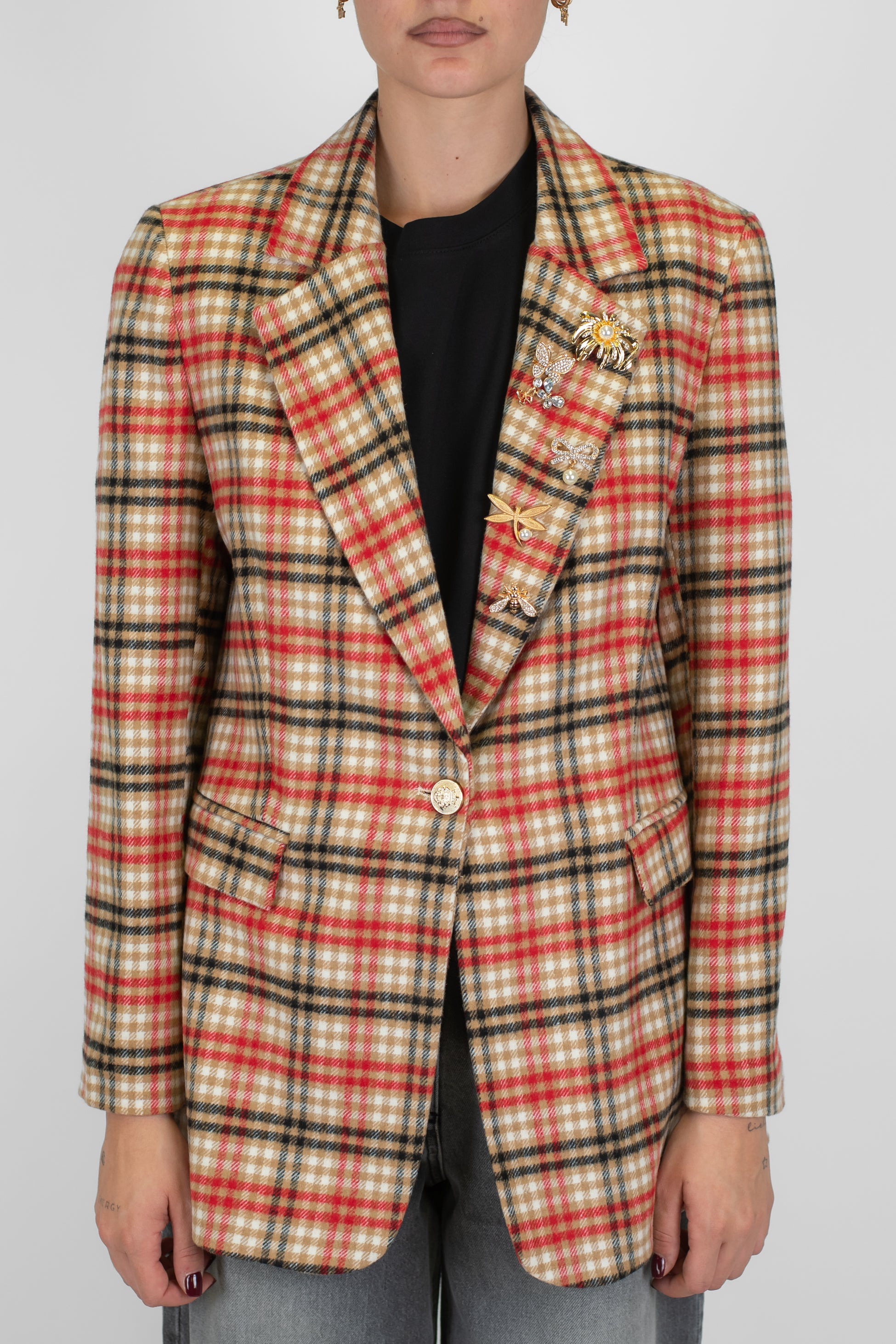 Motel - Giacca monopetto fantasia quadri in misto lana con spille gioiello