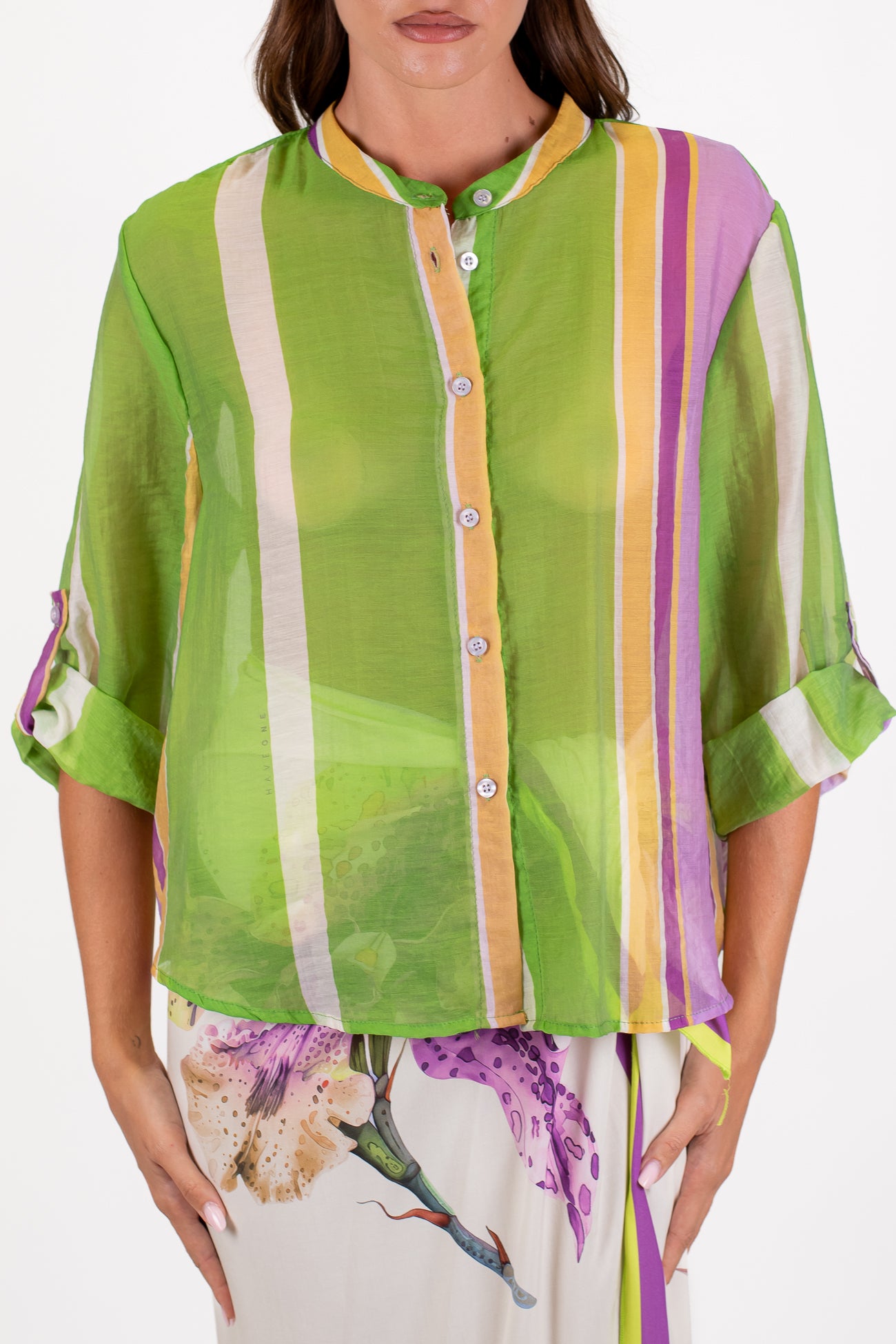 Haveone - Camicia fantasia a righe multicolor in lyocell con collo coreano