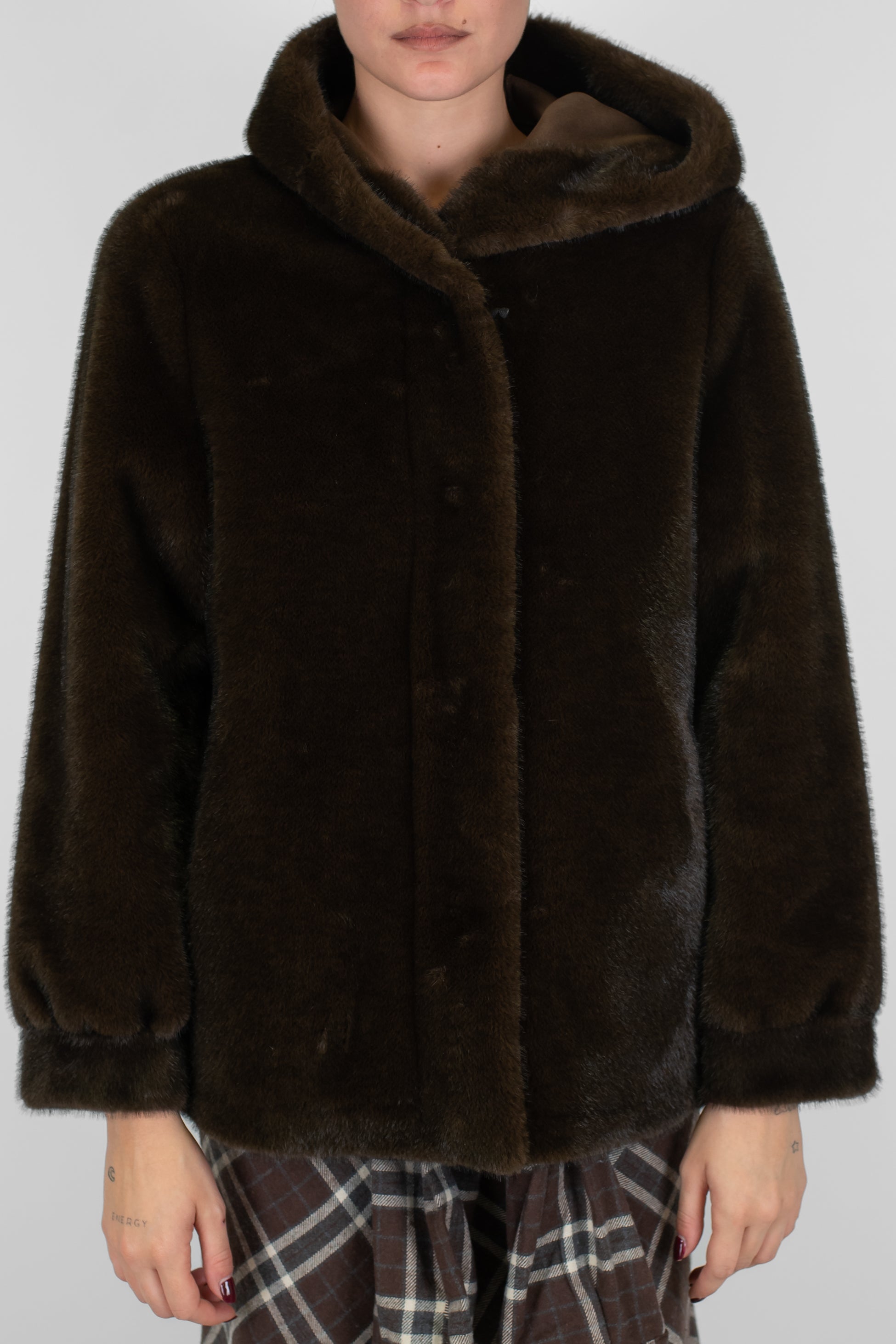 Maryley - Ecopelliccia con cappuccio e fodera in ecomontone