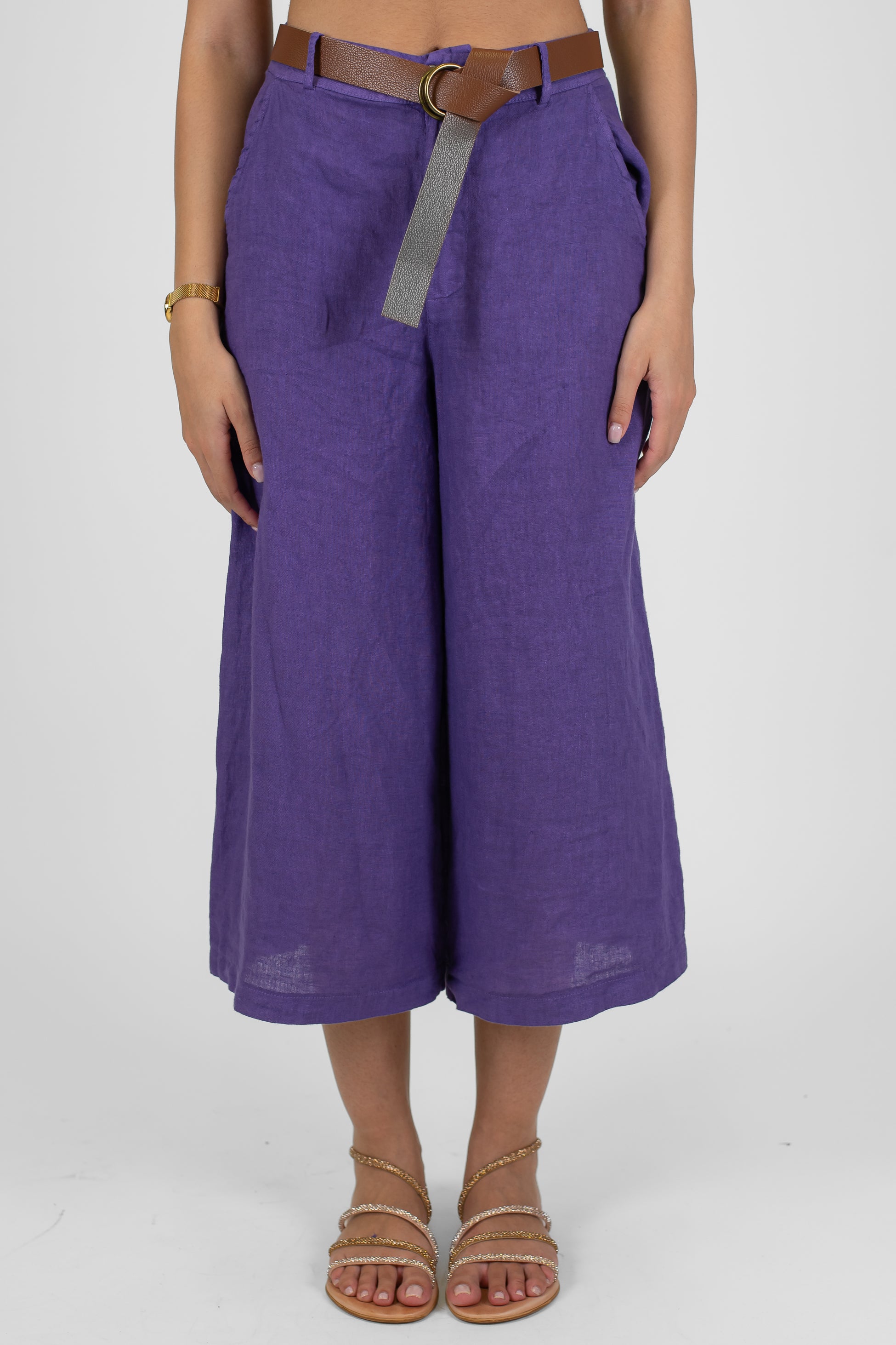 Haveone - Pantalone crop a gamba ampia in puro lino con elastico sul retro