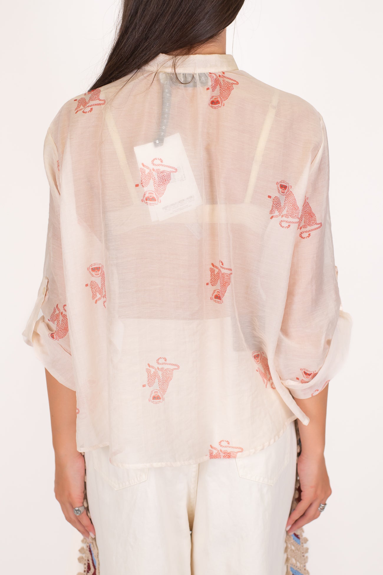 Haveone - Camicia fantasia scimmiette in lyocell con collo coreano