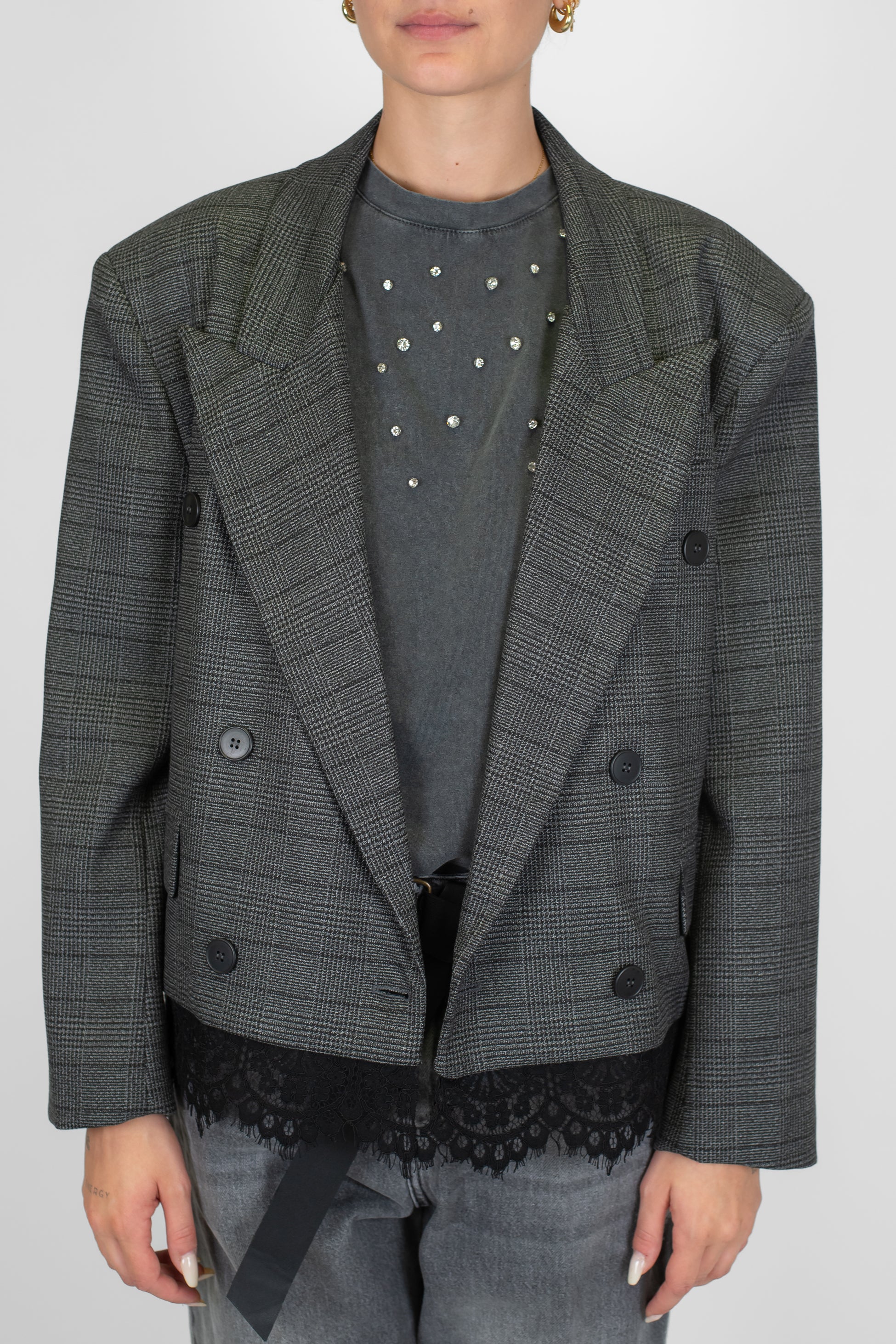 Tensione in - Giacca doppiopetto a scatola fantasia check con spalline e pizzo sul fondo