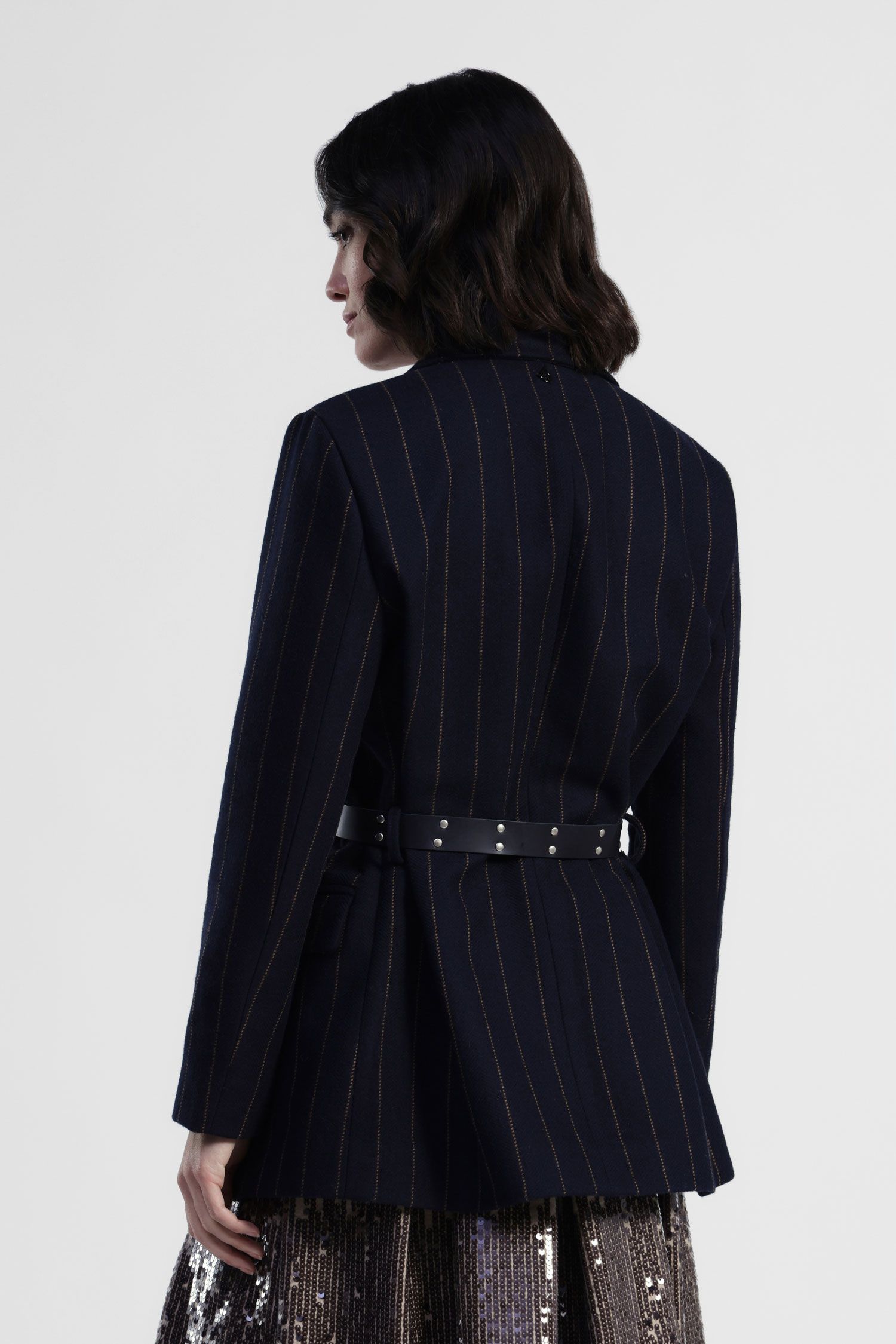 Dixie - Giacca monopetto gessata in misto lana con spille e cintura