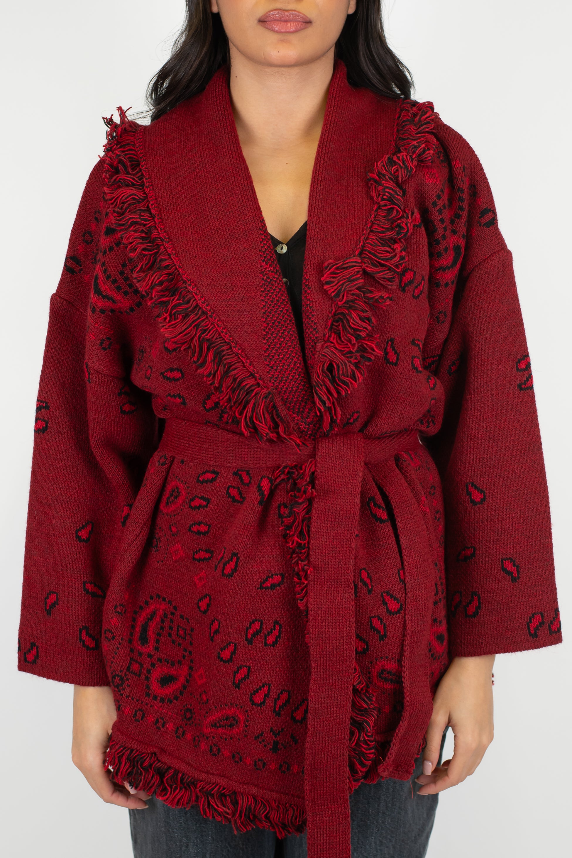 Tensione in - Cardigan in misto lana fantasia bandana con frange