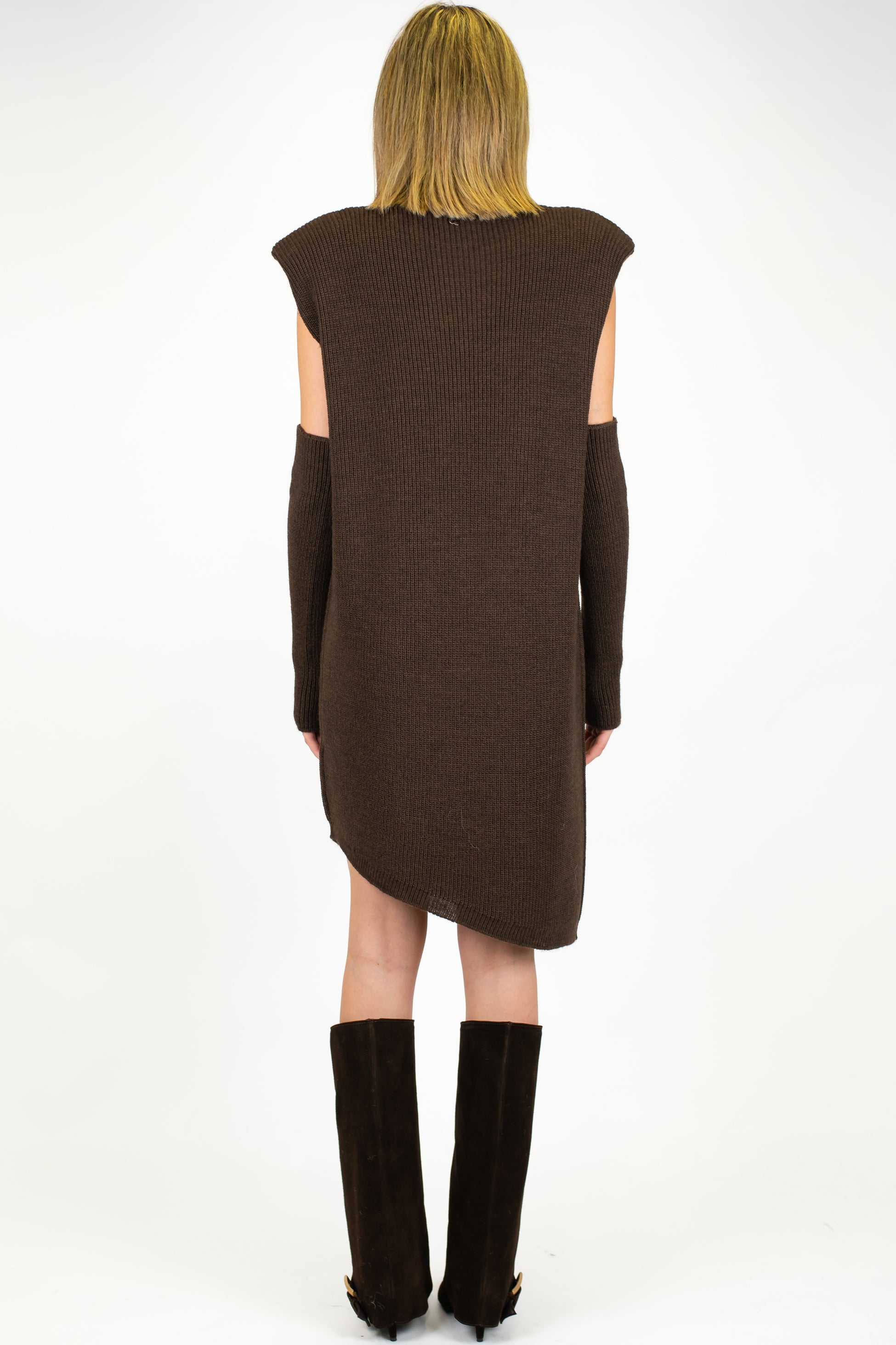 Dixie - Abito corto asimmetrico a coste in misto lana con spalline e manicotti