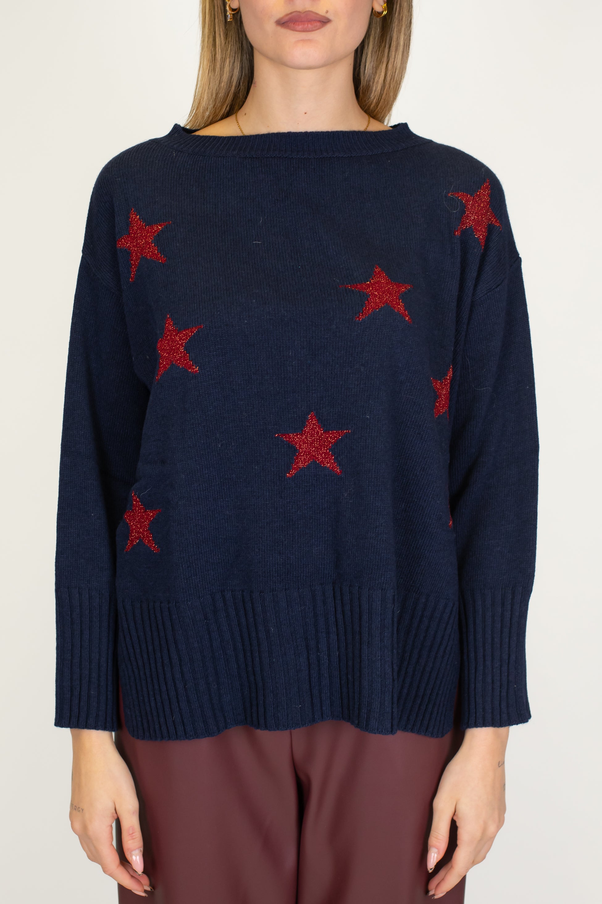 Motel - Maglia paricollo fantasia stelle a contrasto in misto lana e cashmere