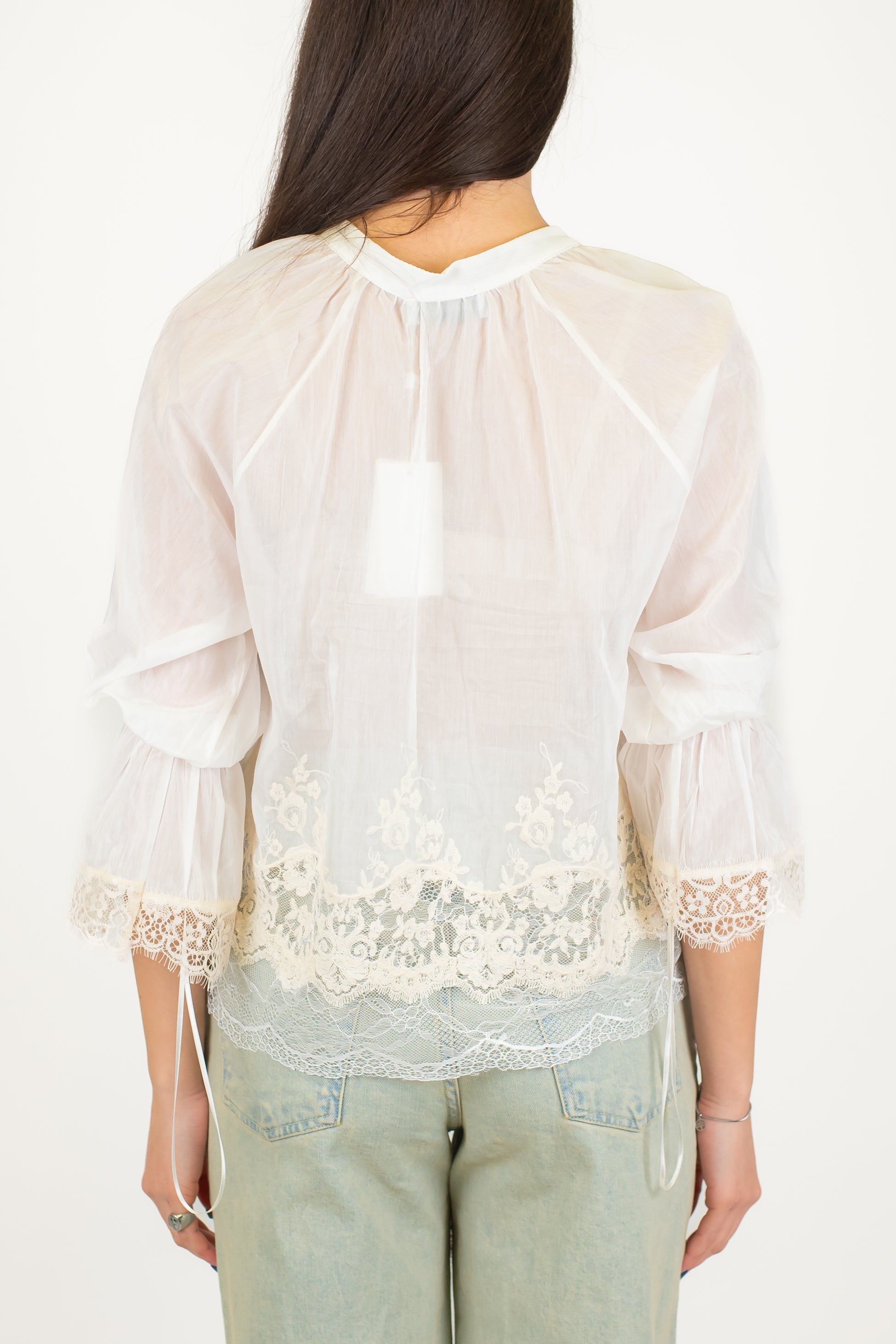 Motel - Blusa scollo a V con manica tre quarti e fondo in pizzo