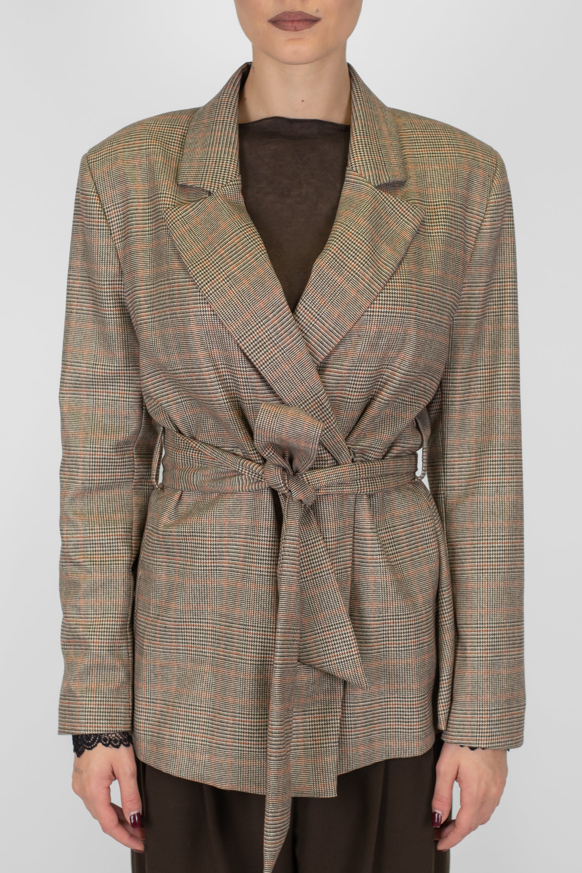 Dixie - Giacca sfiancata doppipetto con cintura in vita fantasia principe di galles