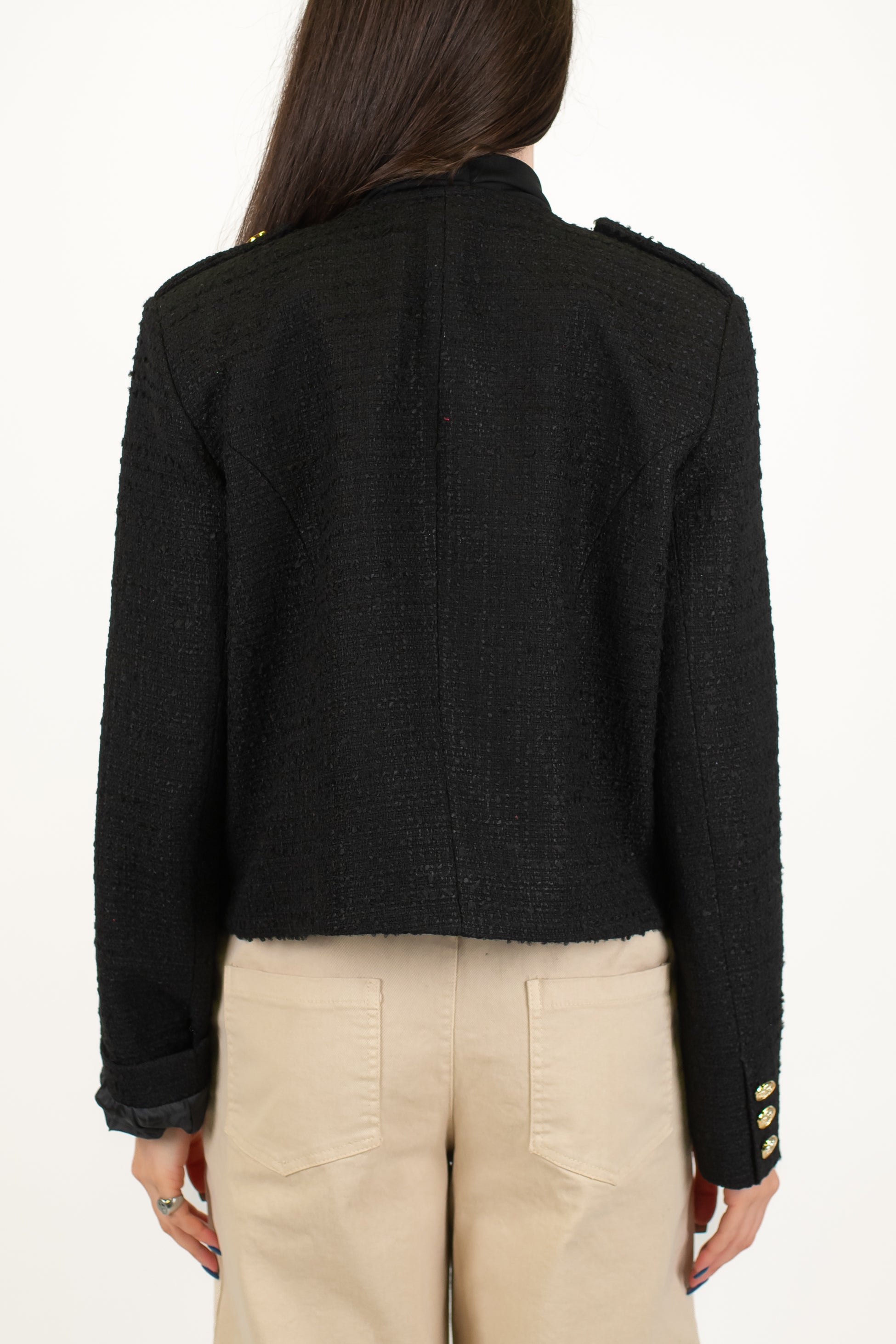 Tensione in - Giacca crop girocollo in tweed modello napoleone