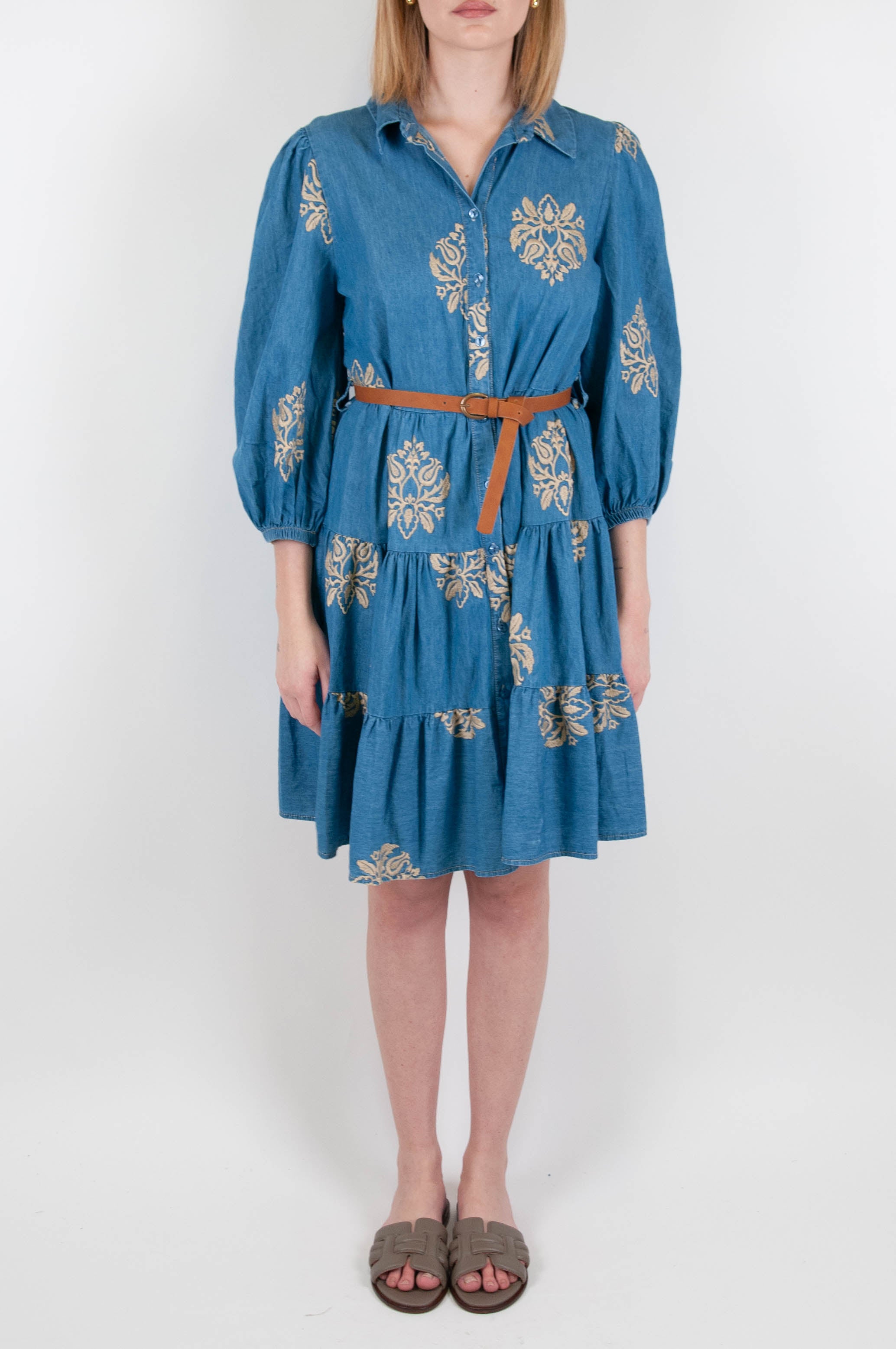 Tension in - Short chambray dress with embroidery