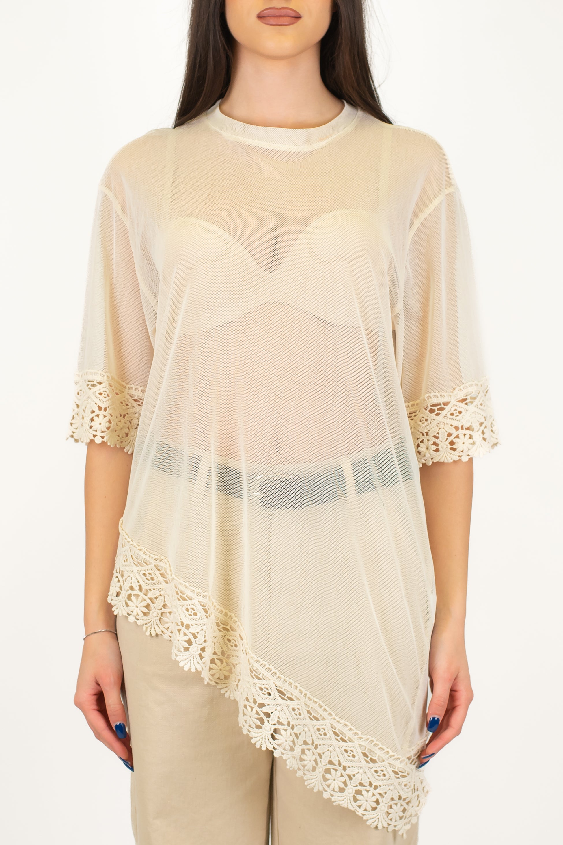Haveone - T-shirt a rete asimmetrica con dettagli in pizzo