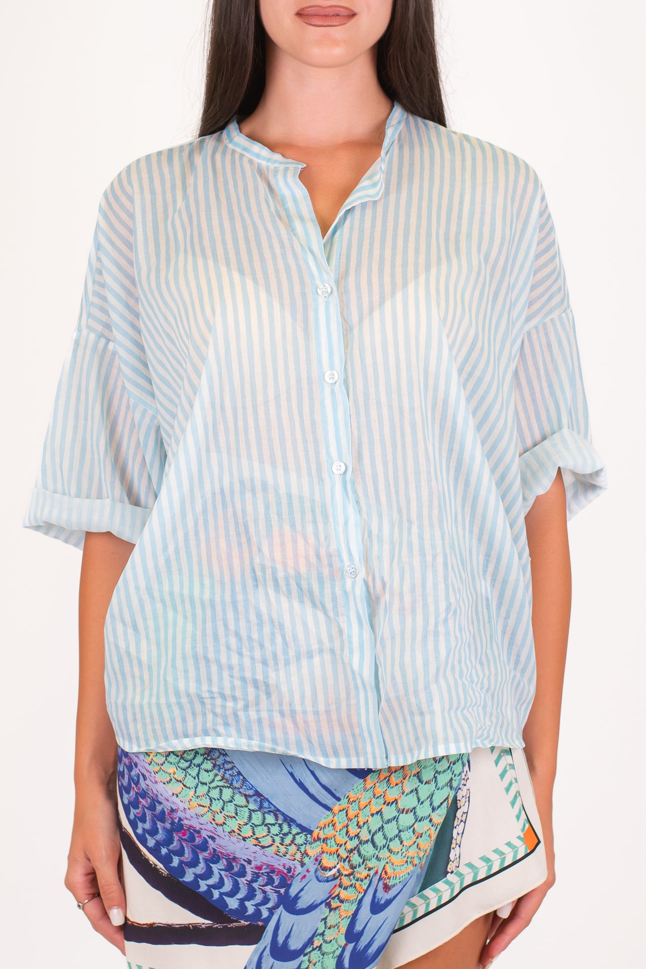 Tensione in - Camicia fantasia righe strette in mussola di cotone con collo coreano