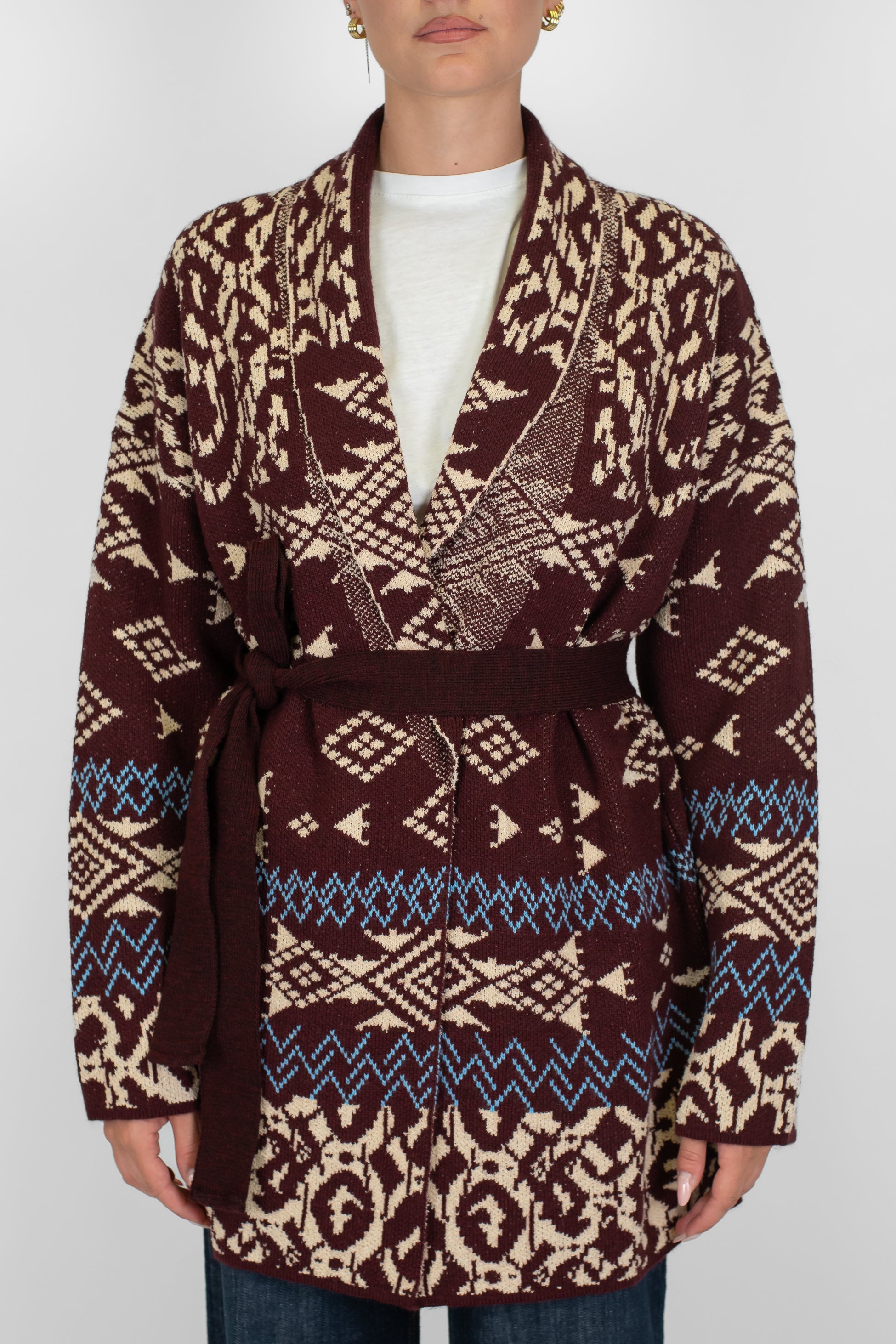 Tensione in - Cardigan fantasia astratta in misto lana con cintura in tessuto