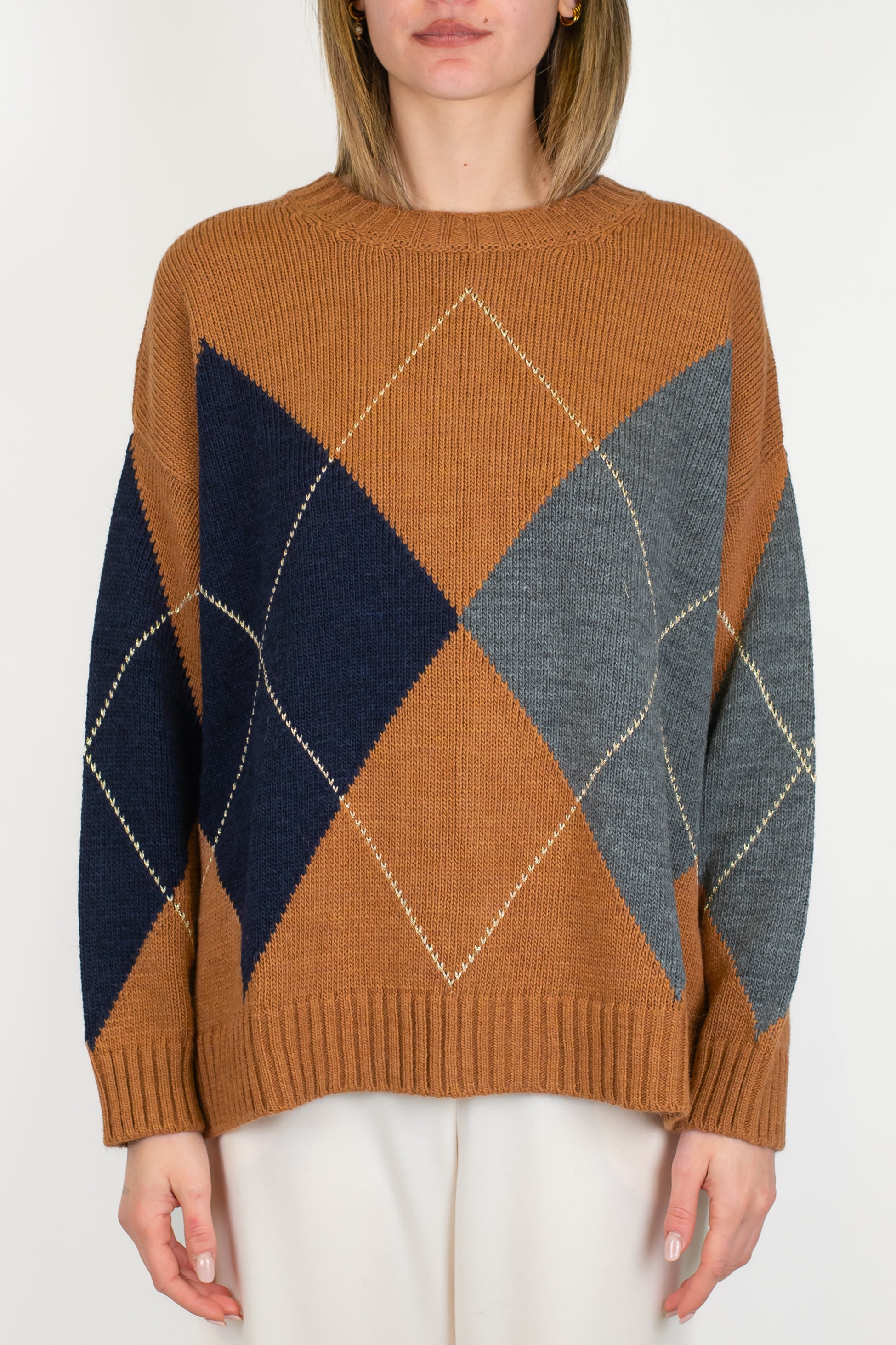 Tensione in - Maglia girocollo over in misto lana fantasia rombi