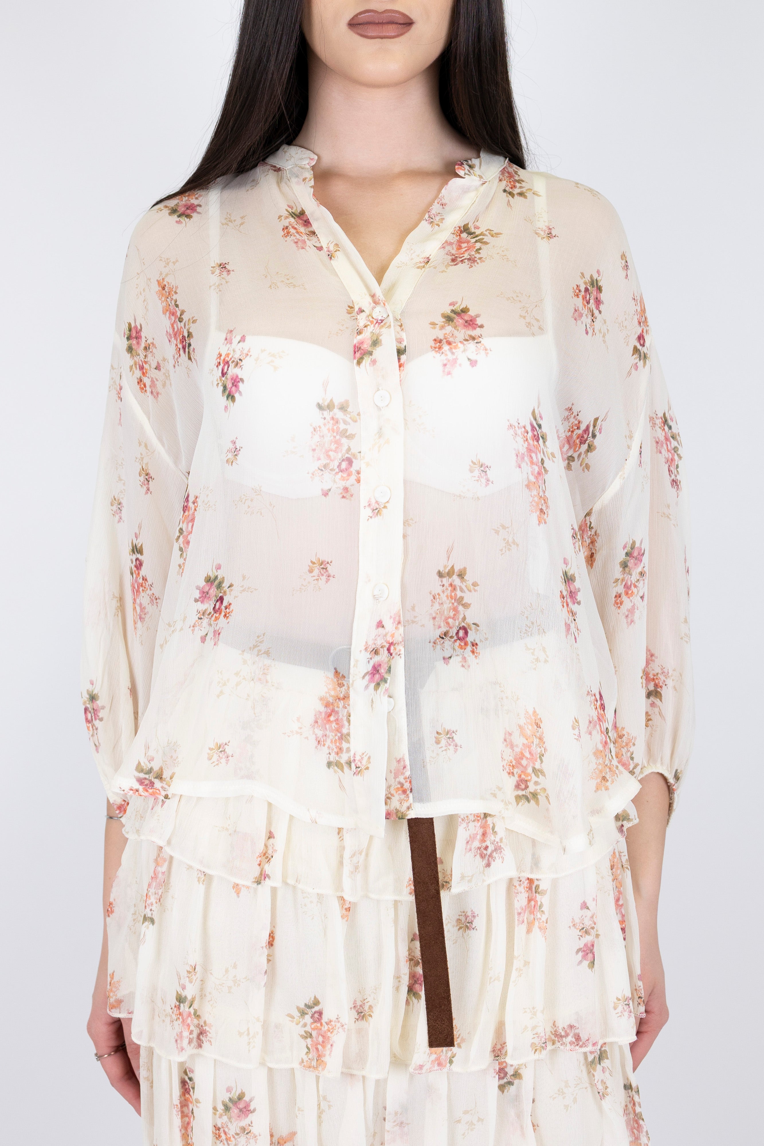 Motel - Camicia fantasia floreale in viscosa con manica tre quarti