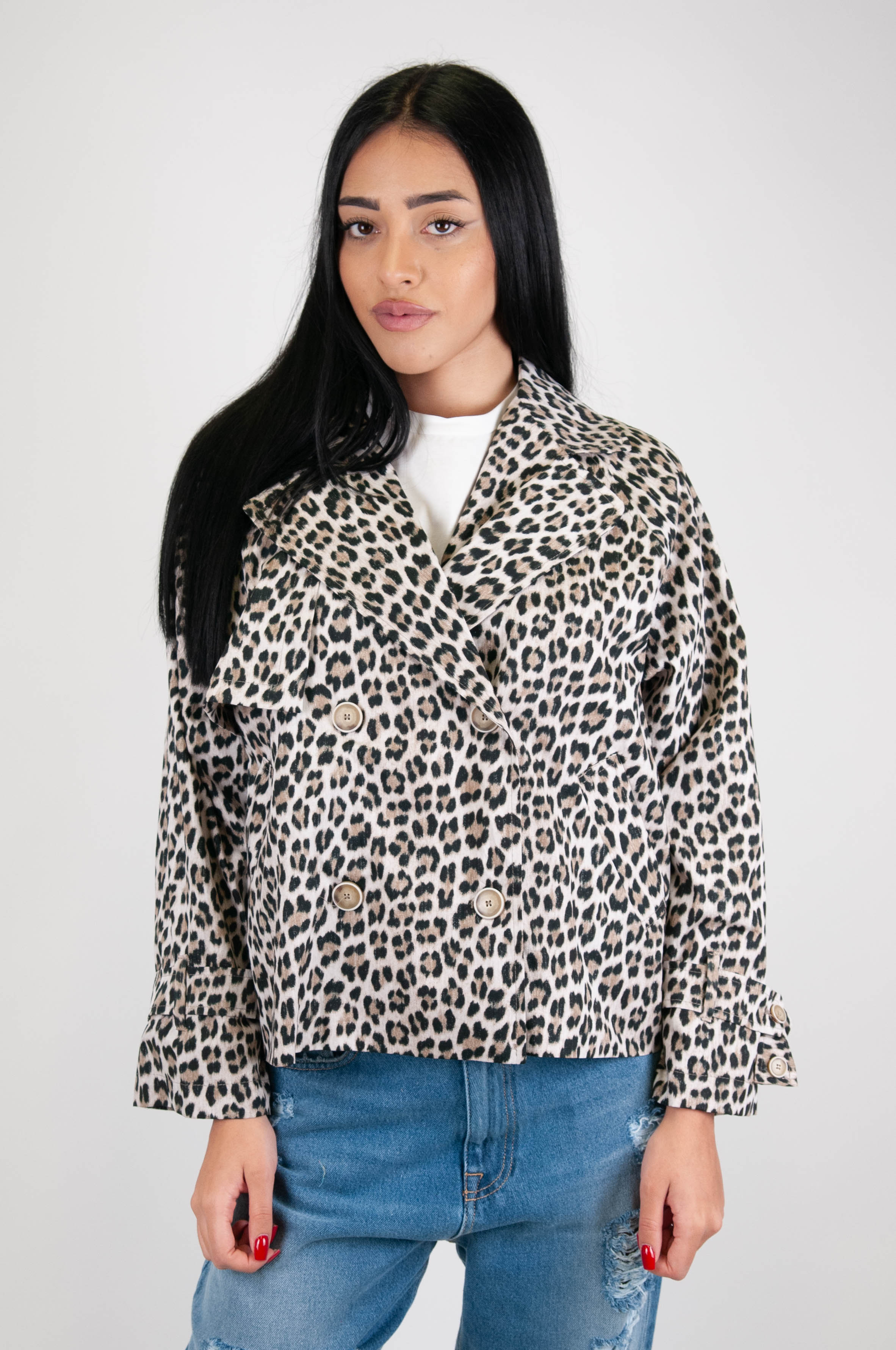 Maryley - Short double-breasted trench coat with animal print