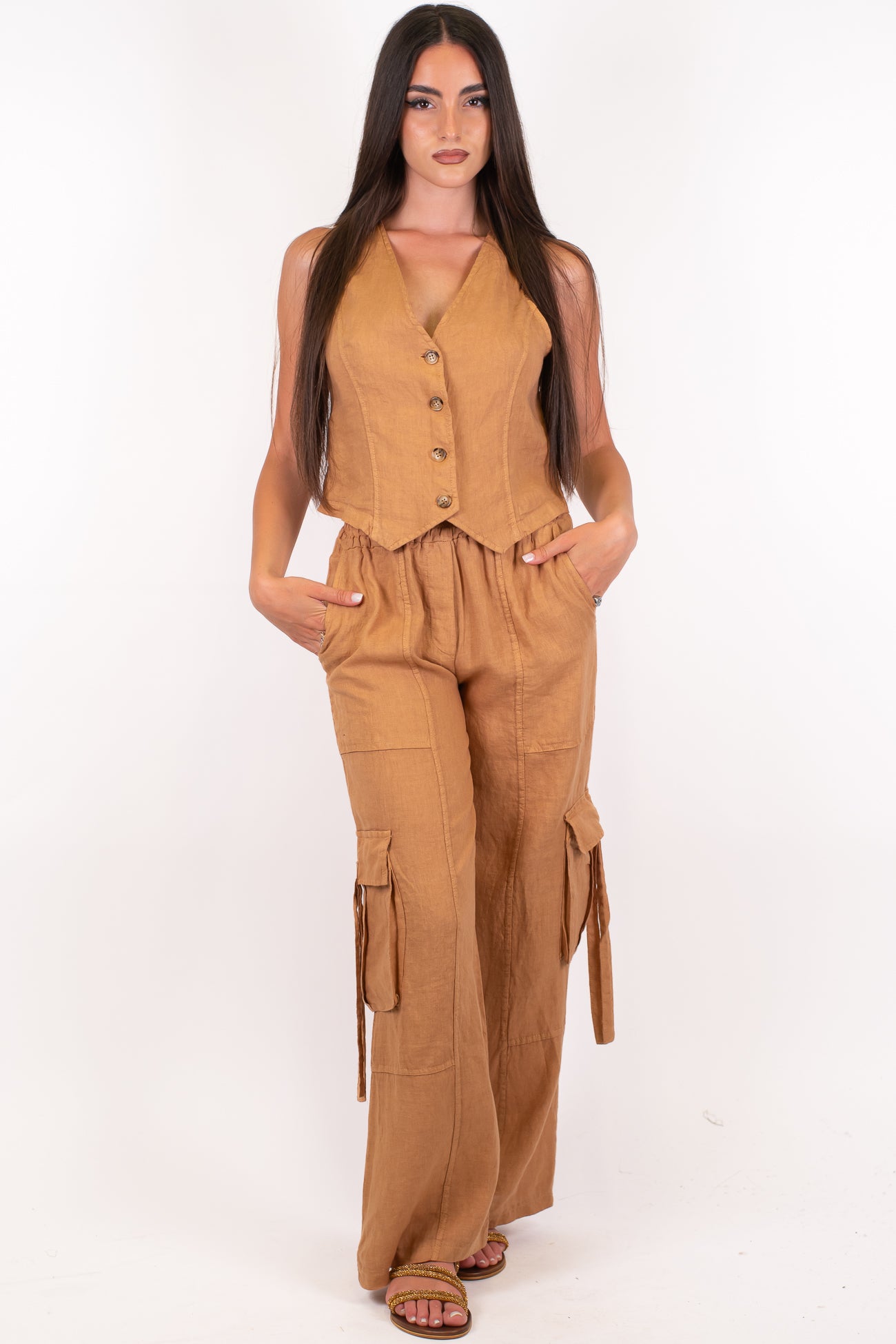 Haveone - Coordinato in puro lino con gilet e pantalone cargo palazzo con elastico in vita