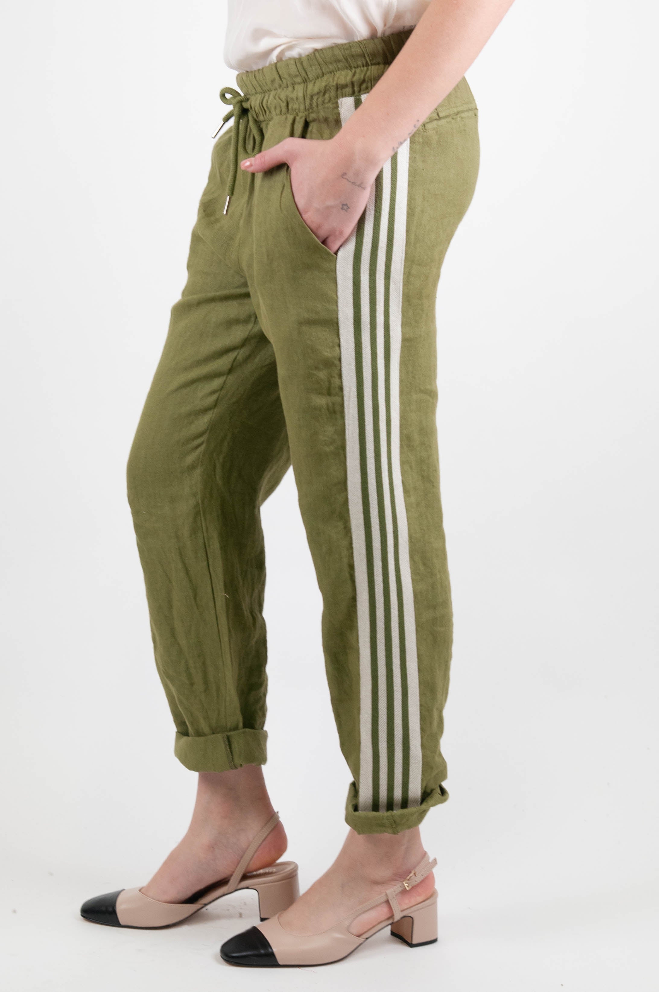 Motel - Linen trousers with drawstring and contrasting side band