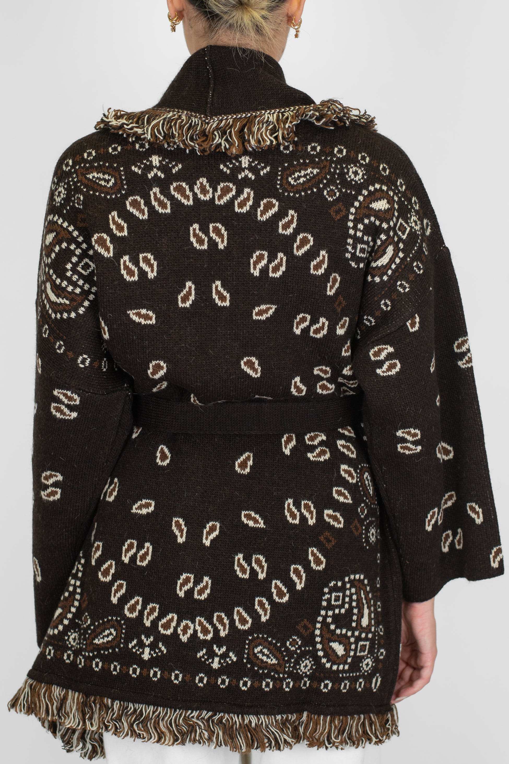 Tensione in - Cardigan in misto lana fantasia bandana con frange