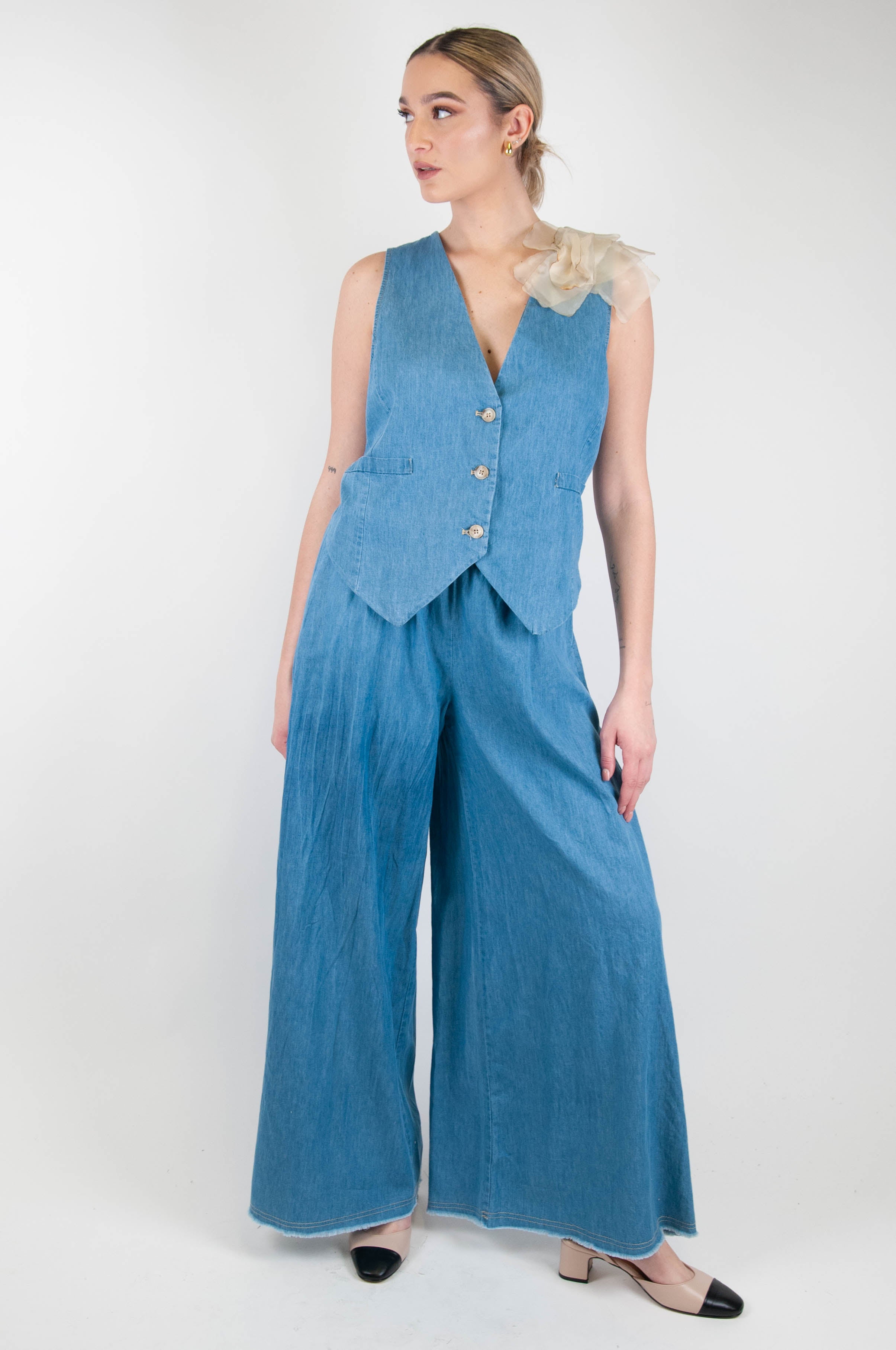 Motel - Pantalone palazzo in chambray con coulisse