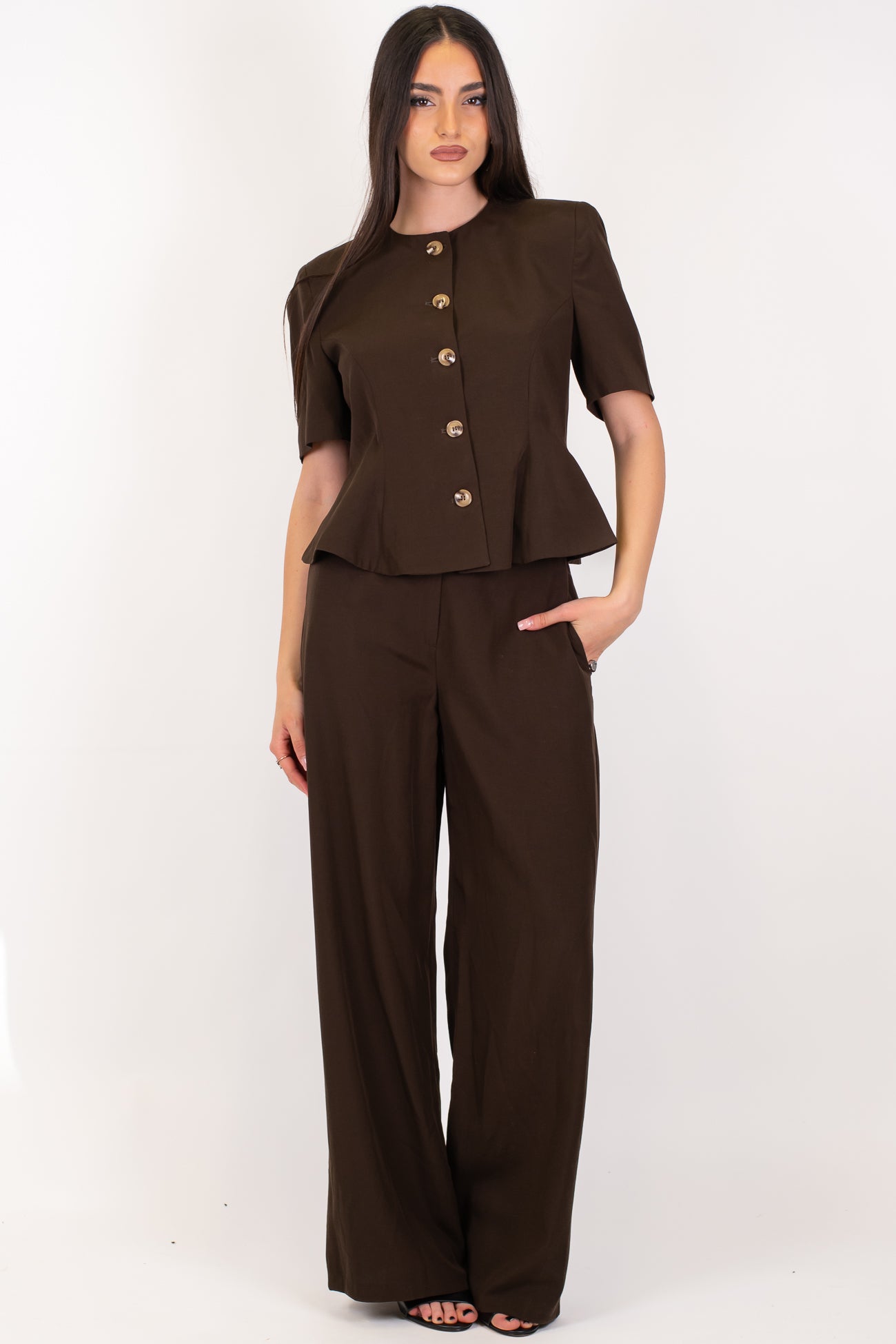 Motel - Coordinato in tencel con giacca girocollo mezzamanica e pantalone palazzo con elastico sul retro