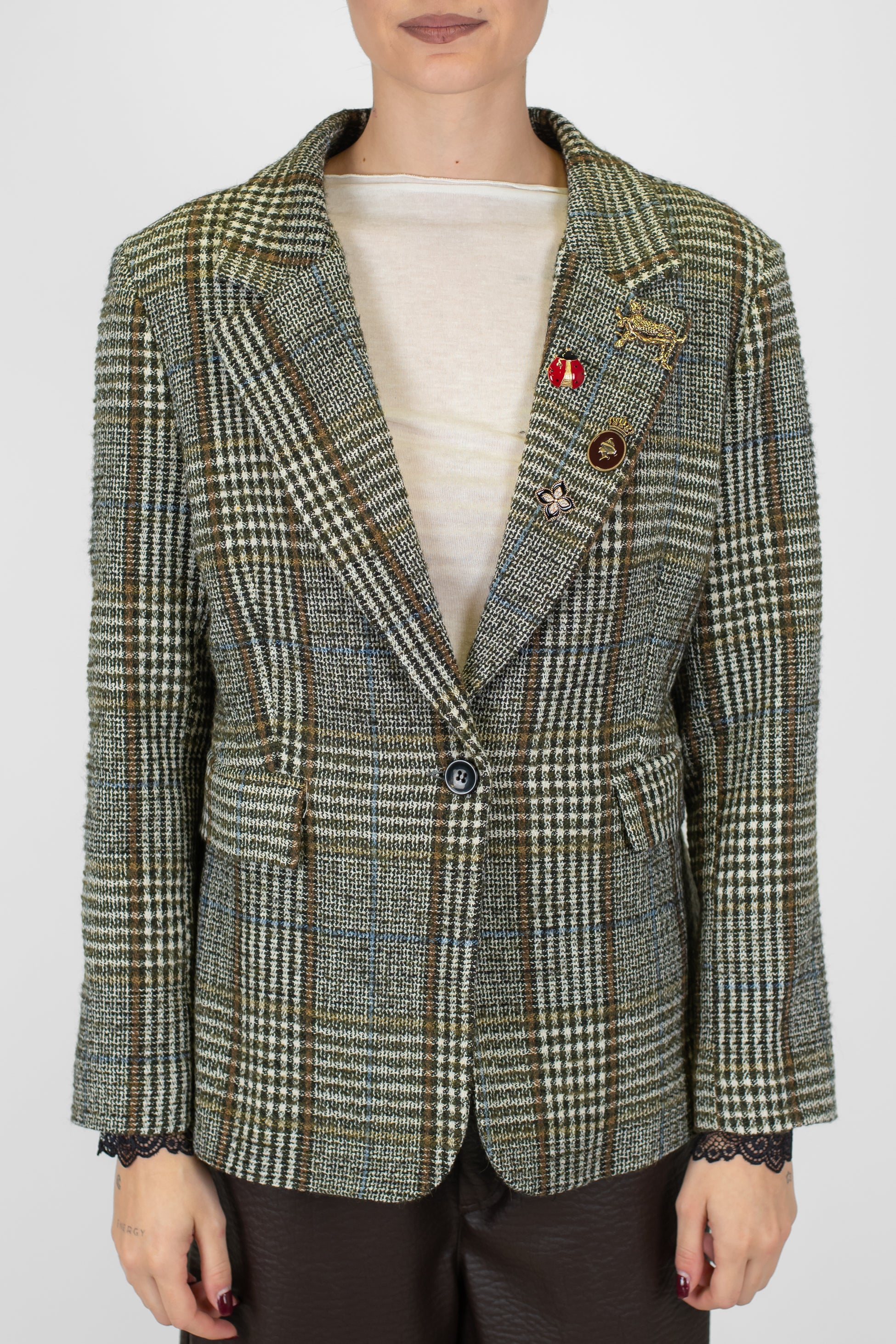 Tensione in - Giacca monopetto fantasia principe di galles in misto lana con spille